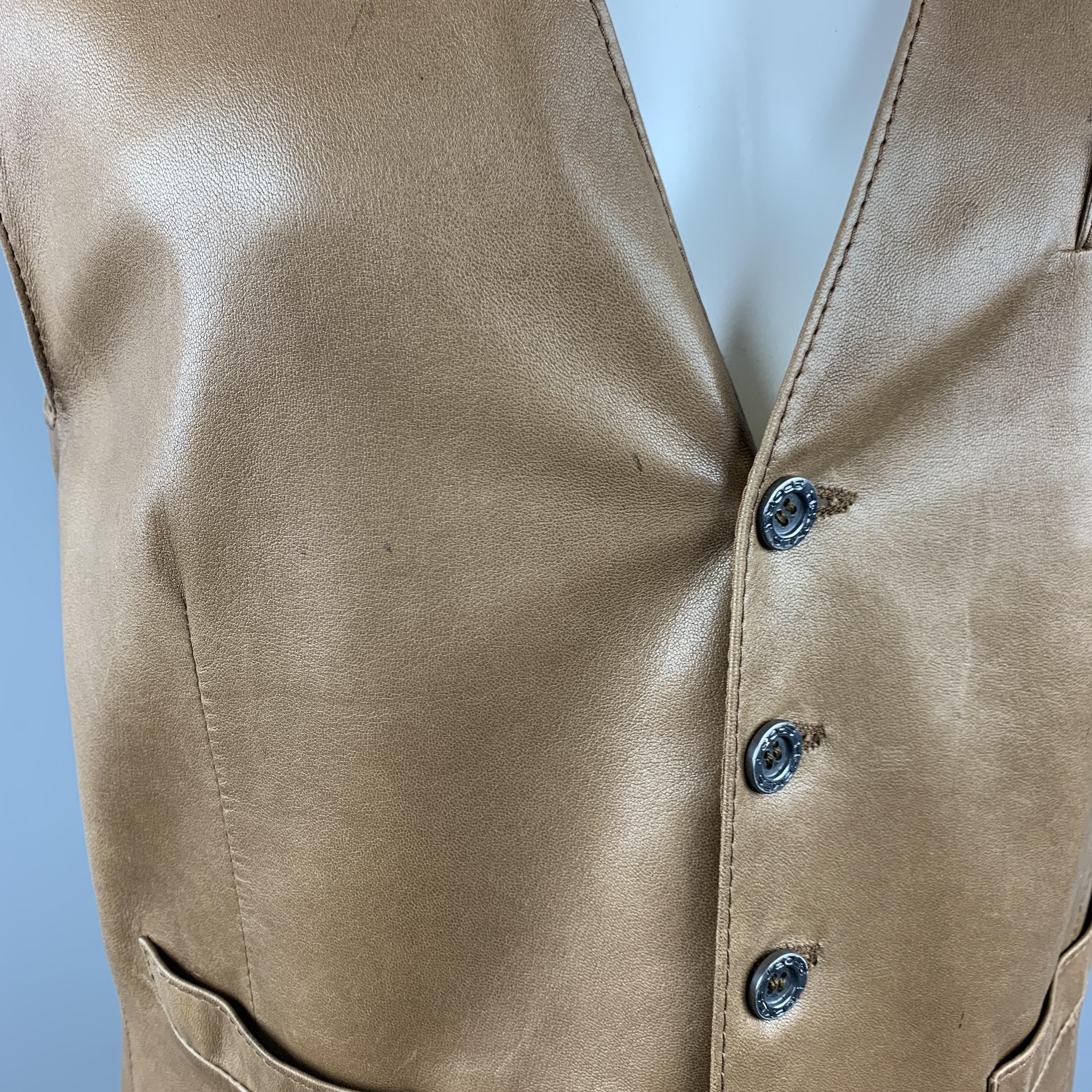 HERMES 38 Size S Tan Leather V-Neck Vest 2