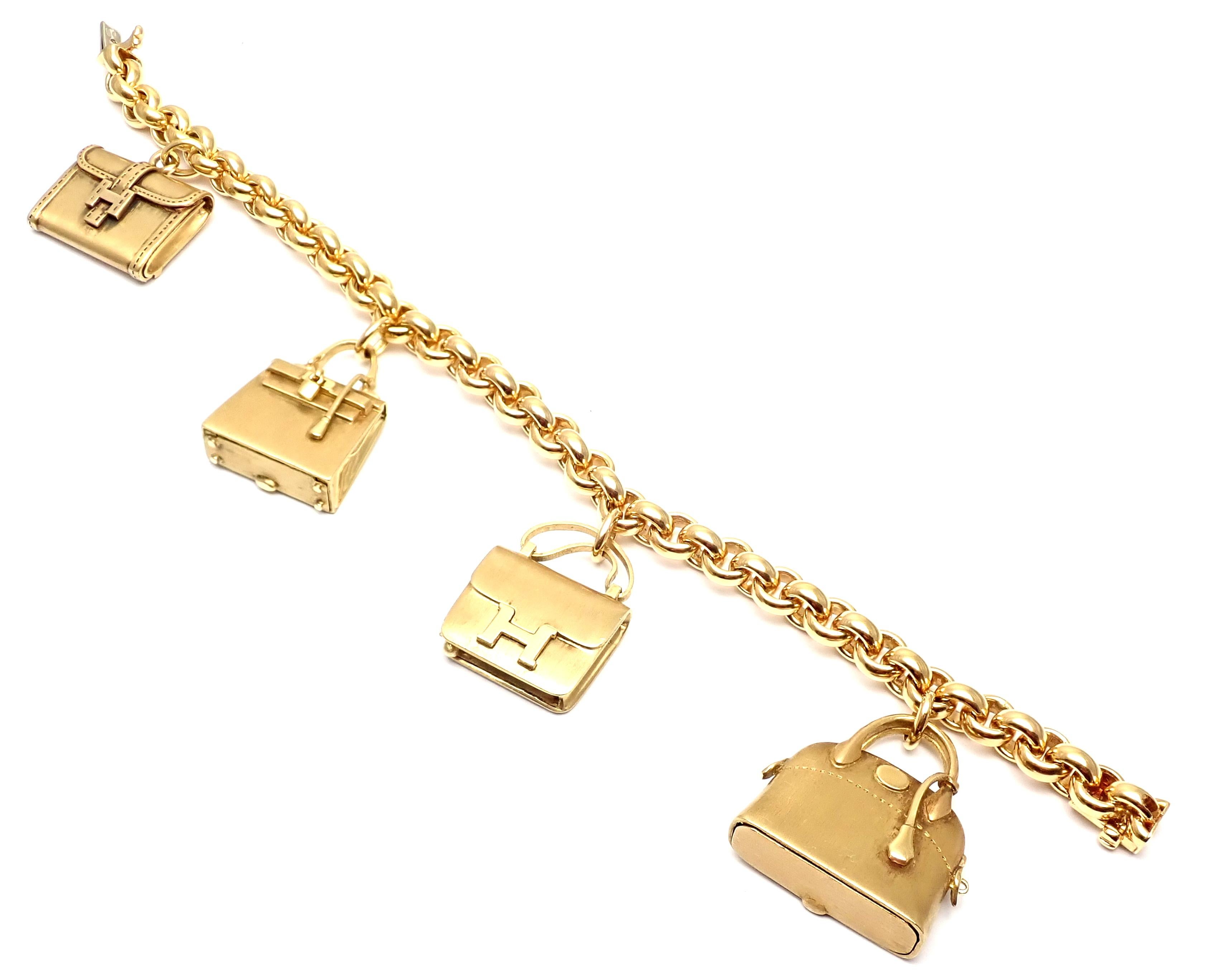 Hermes 4 Hanging Bag Charm Yellow Gold Link Bracelet In Excellent Condition In Holland, PA