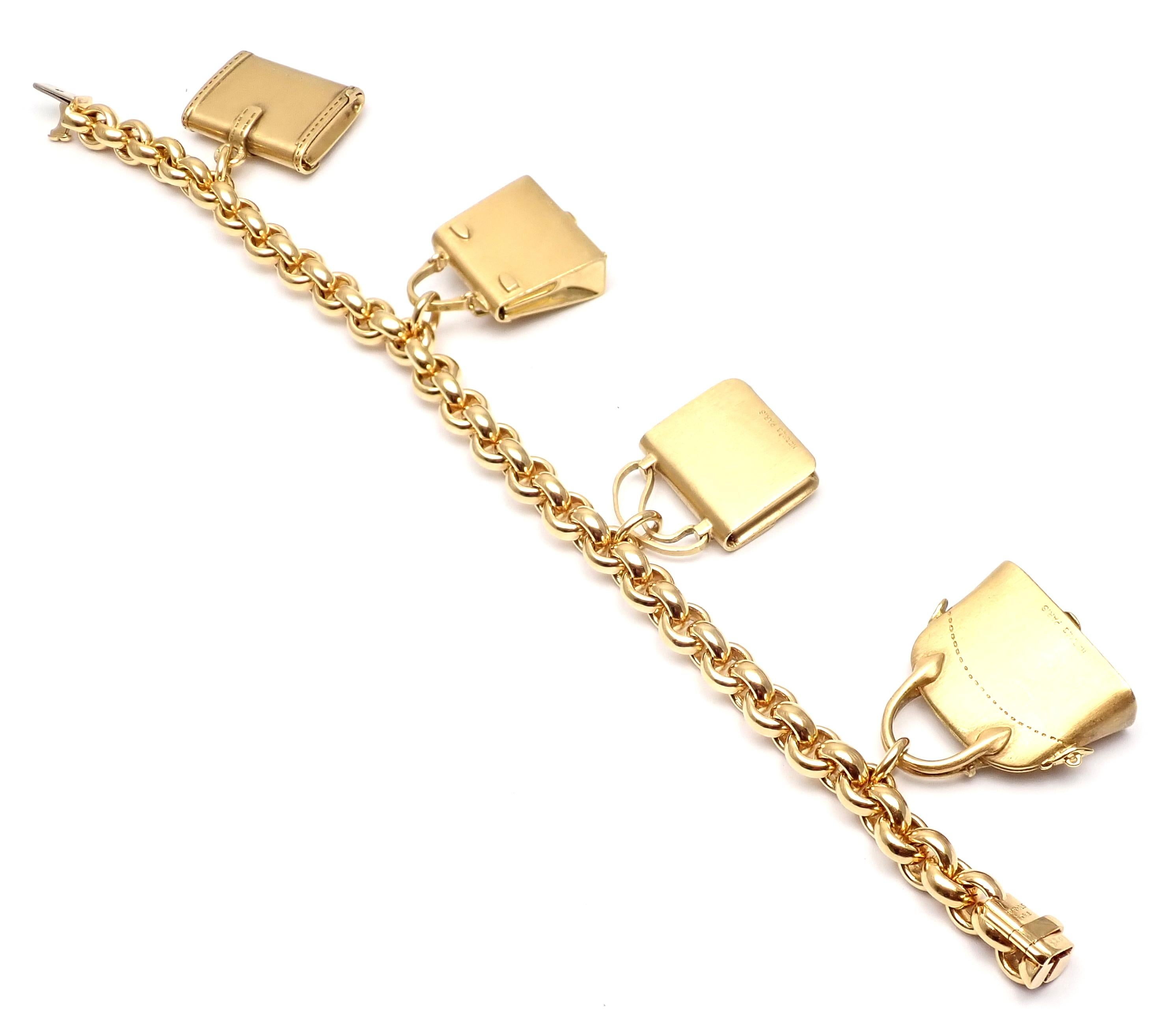Women's or Men's Hermes 4 Hanging Bag Charm Yellow Gold Link Bracelet