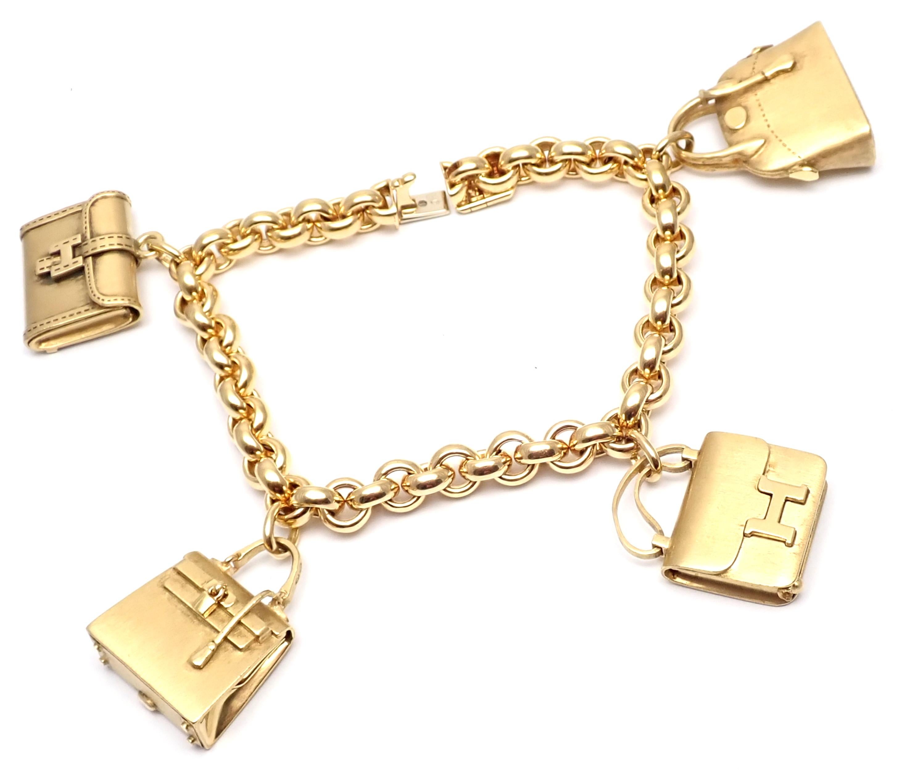 Hermes 4 Hanging Bag Charm Yellow Gold Link Bracelet 1