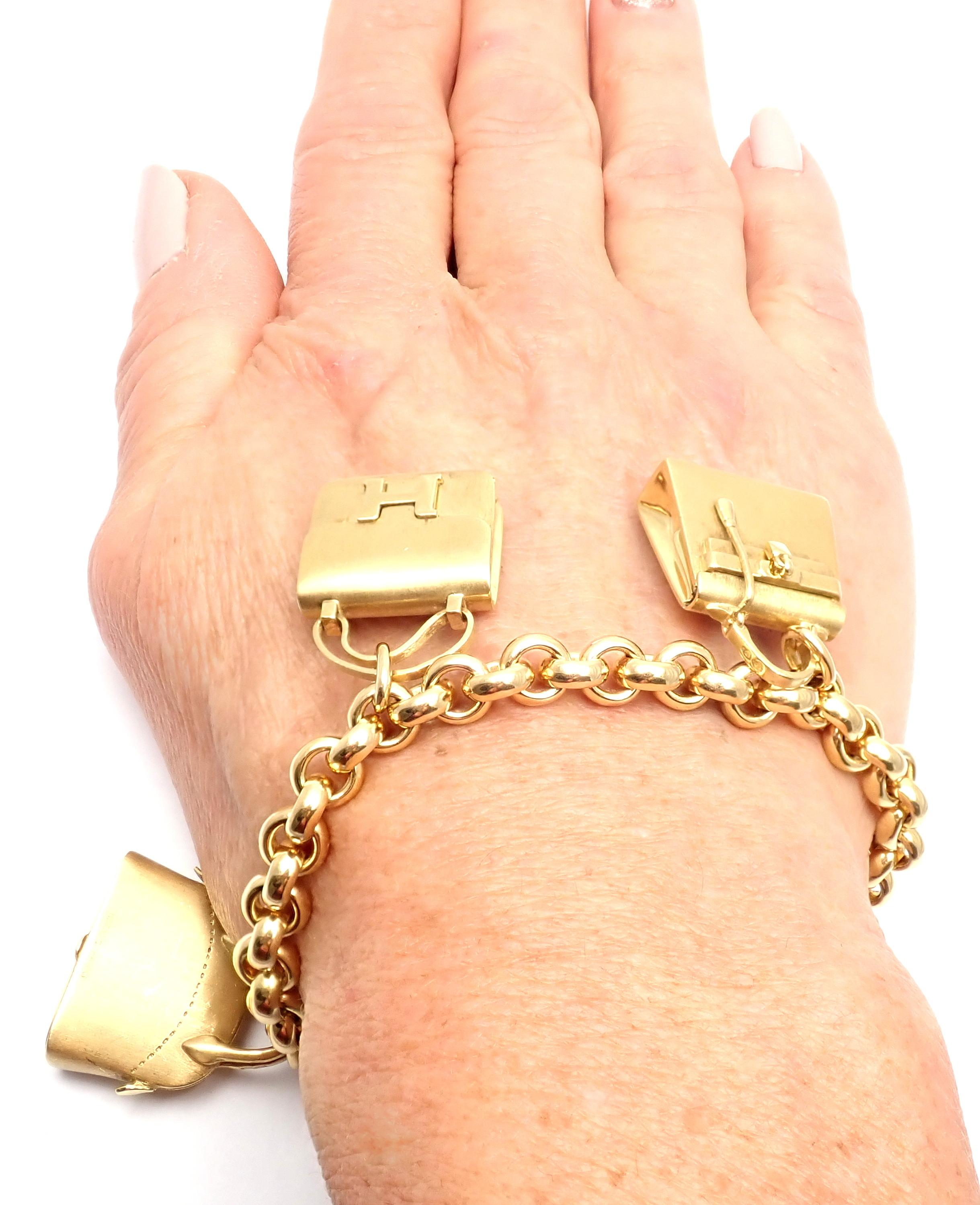 Hermes 4 Hanging Bag Charm Yellow Gold Link Bracelet 2