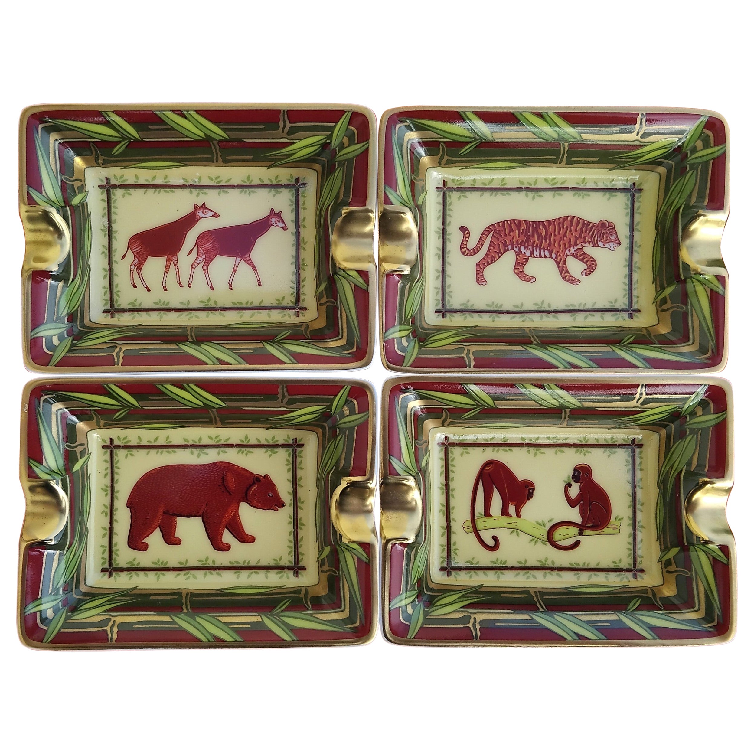 Hermès 4 Mini Ashtrays Wild Animals Africa Porcelain Gold im Angebot