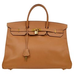 HERMES 40 Cognac Tan Brown Leather Gold Top Handle Satchel Travel Tote Bag