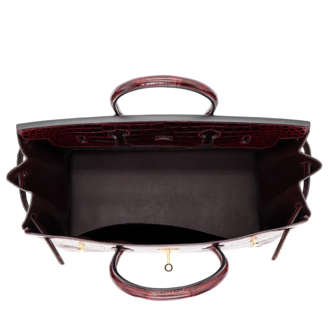 Hermès 40cm Birkin Bordeaux Shiny Porosus Crocodile Gold Hardware For Sale 2