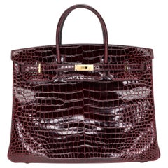 Hermès 40cm Birkin Bordeaux Shiny Porosus Crocodile Gold Hardware