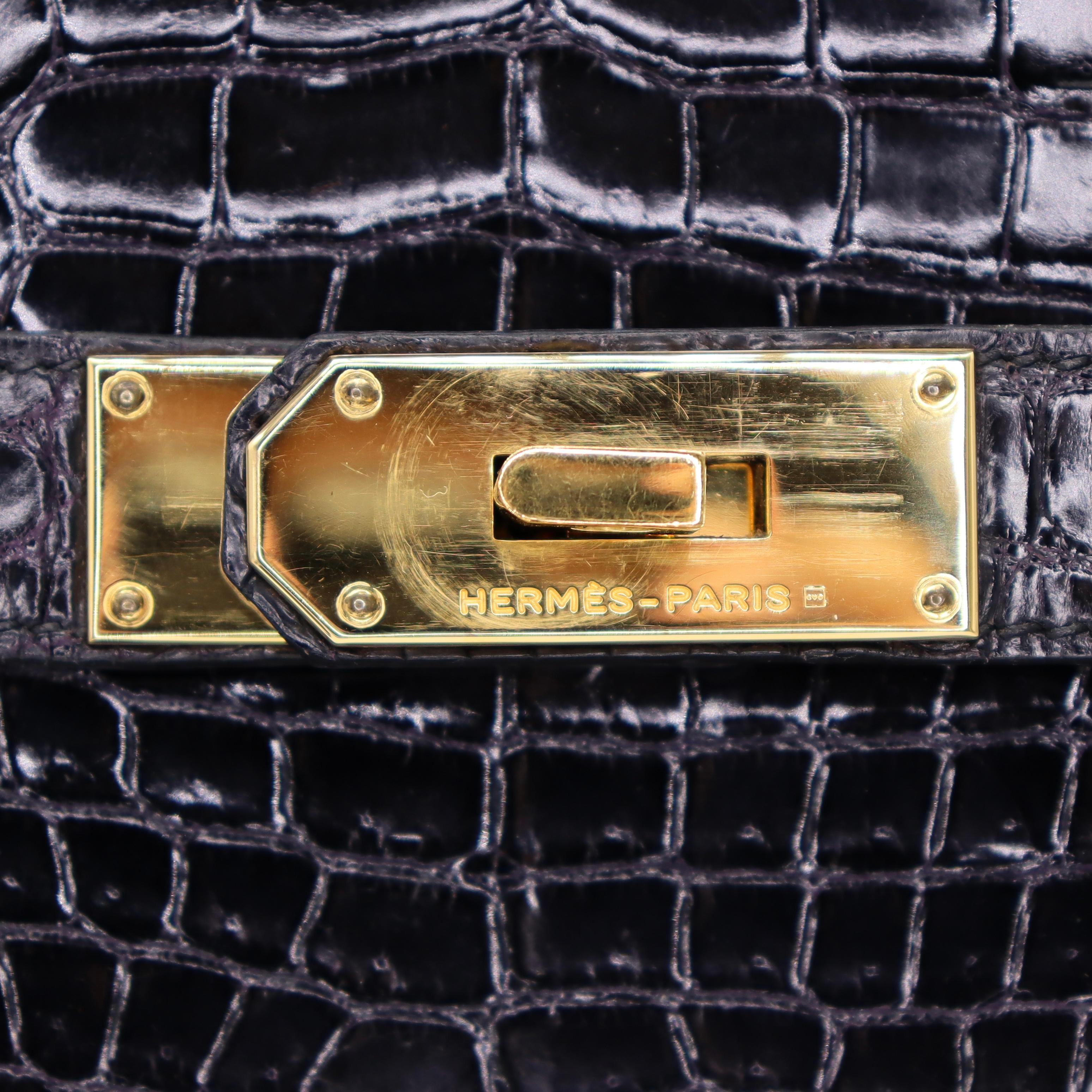 Hermès 40cm HAC Black Shiny Alligator Gold Hardware For Sale 1