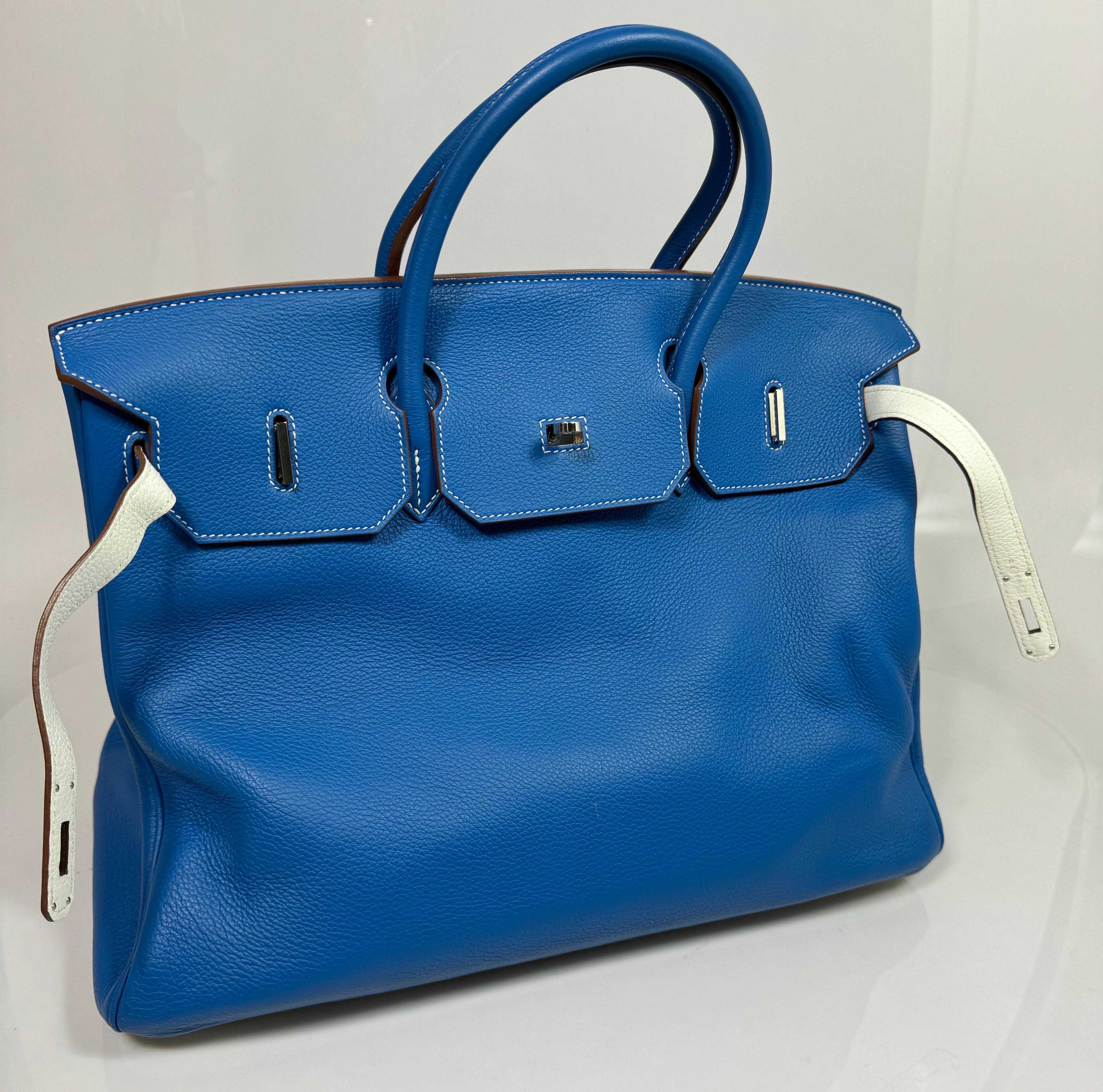 Hermes 40cm  Mykonos Blue and White Clemence Limited edition Birkin-SHW -2011 For Sale 4
