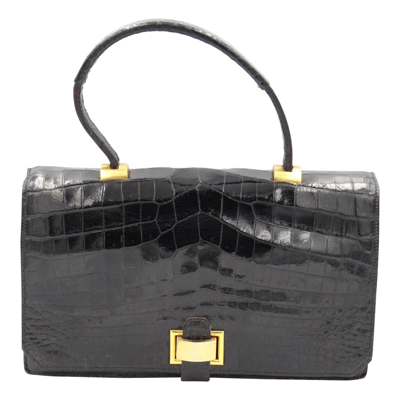 Hermes 40's  Vintage  Black Crocodile Vintage  Bag