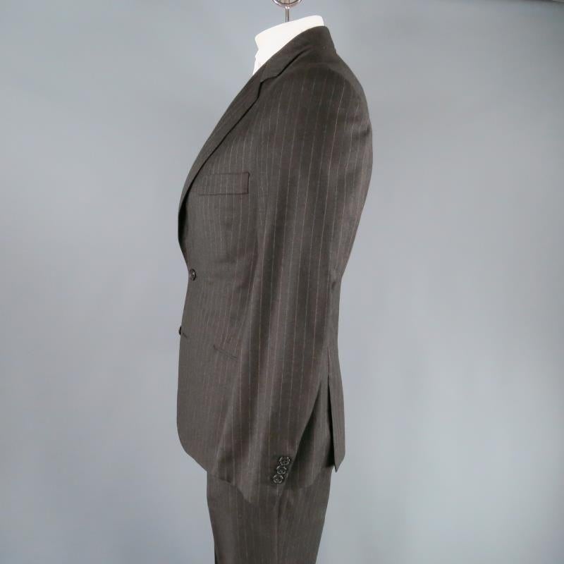 Men's HERMES 42 Regular Charcoal Pinstriped Wool 2 Button 3 Flap Pocket Suit