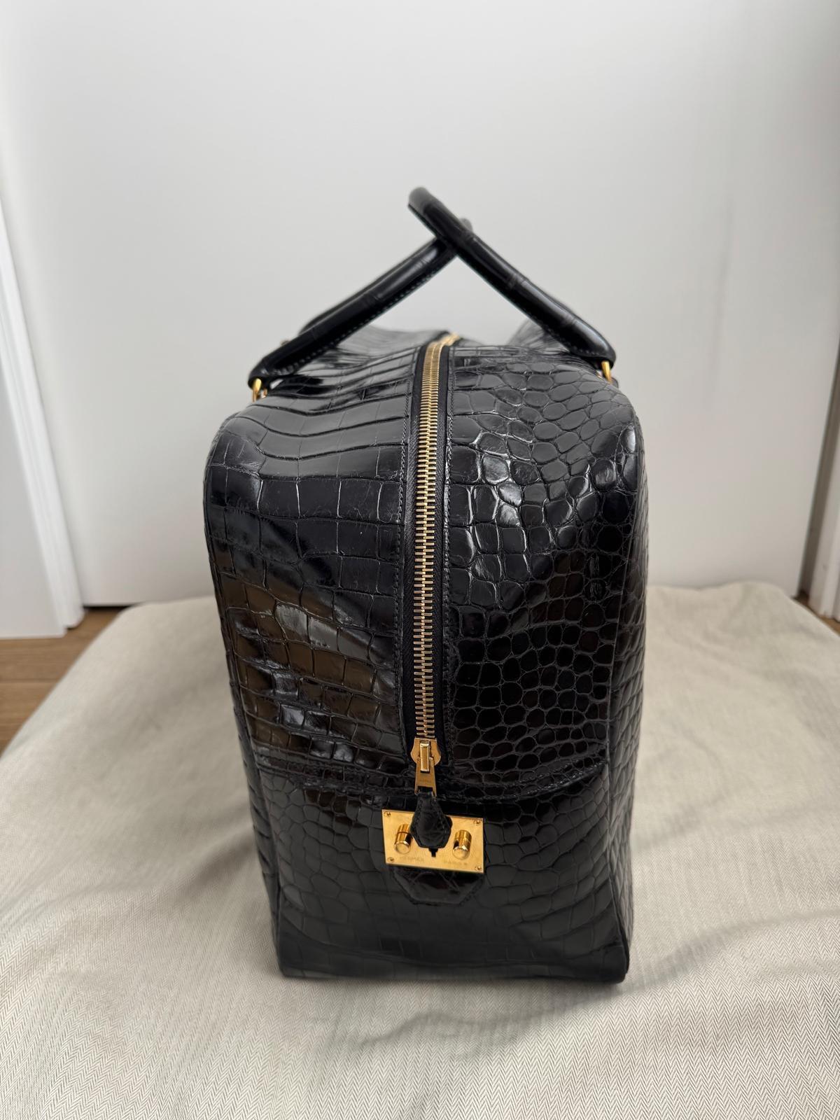 Hermes 45 Bolsa de viaje de pluma de cocodrilo Porosus negro brillante en Bueno estado para la venta en London, England