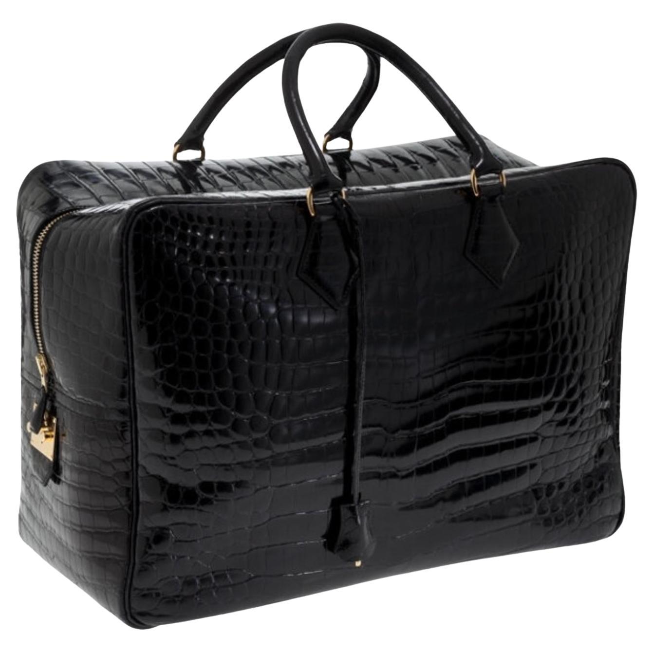 Hermes 45 Bolsa de viaje de pluma de cocodrilo Porosus negro brillante en venta