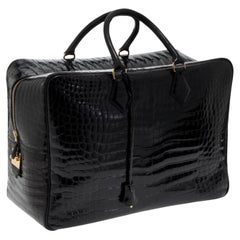 Hermes 45 Bolsa de viaje de pluma de cocodrilo Porosus negro brillante