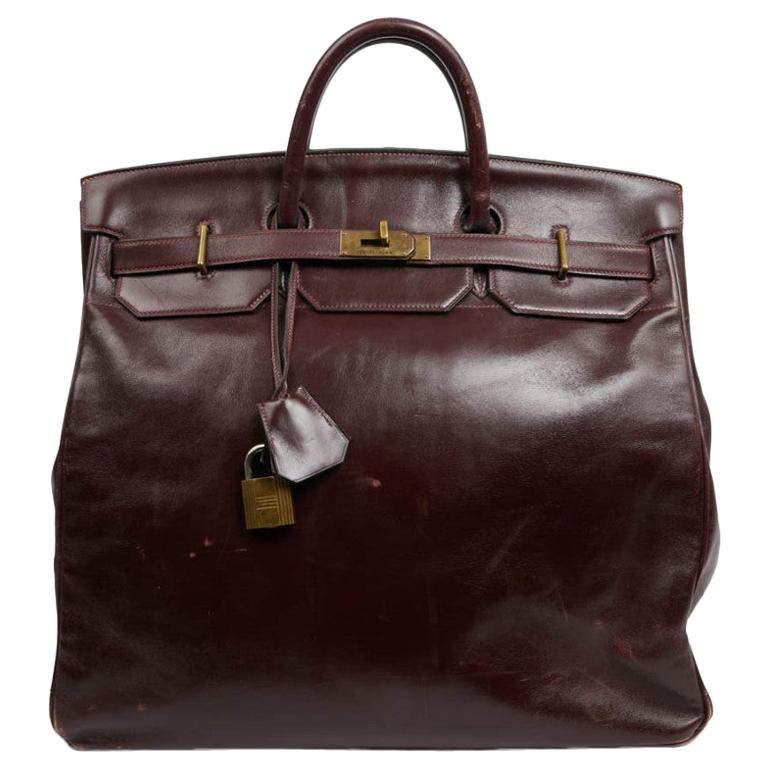 Hermes 45 "Haut à courroies" Vintage Burgundy Box Leather Bag 