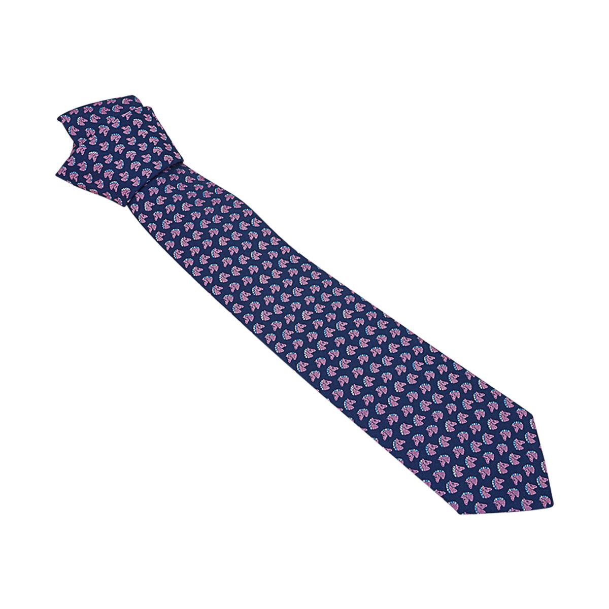 Men's Hermes 7 Cheval Rebelle Tie Marine Rose Bleu Heavy Silk Twill For Sale