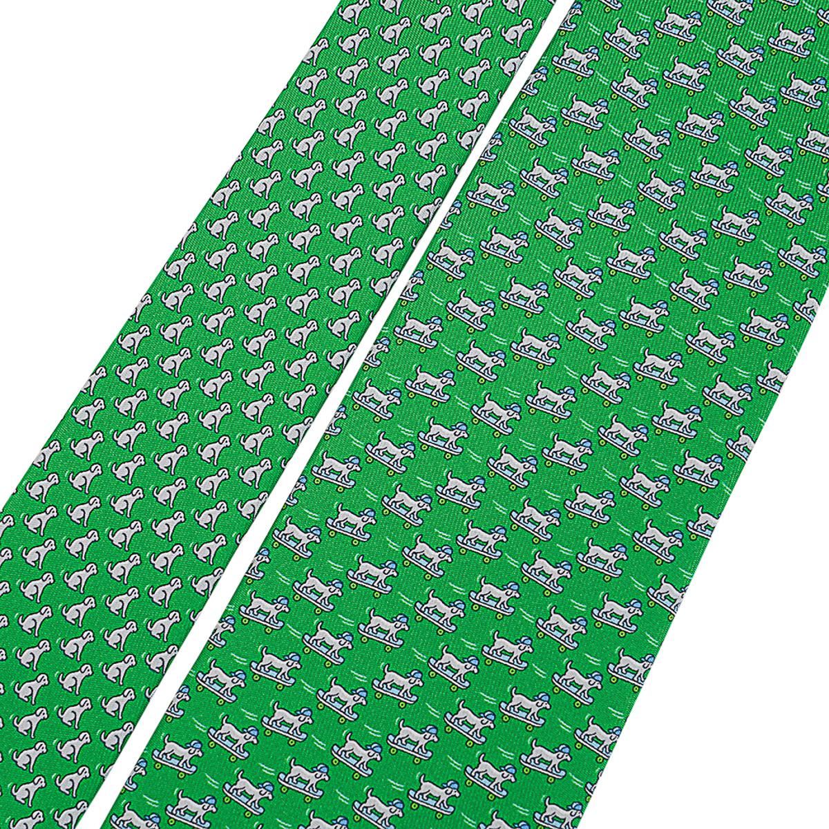  Hermes 7 Roller Dog Tie Vert et Gris Twillbi Silk Pour hommes 