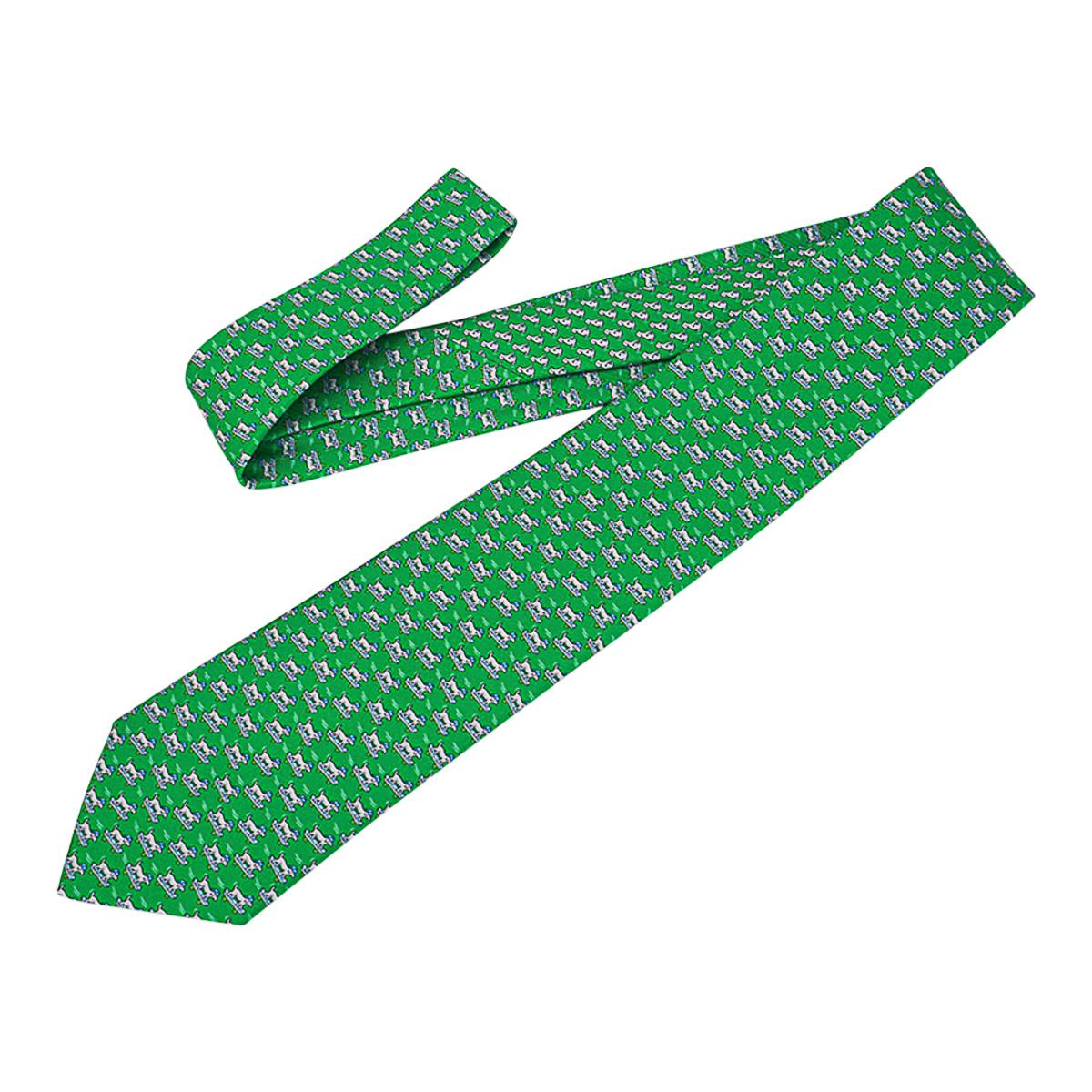 Men's Hermes 7 Roller Dog Tie Vert and Gris Twillbi Silk