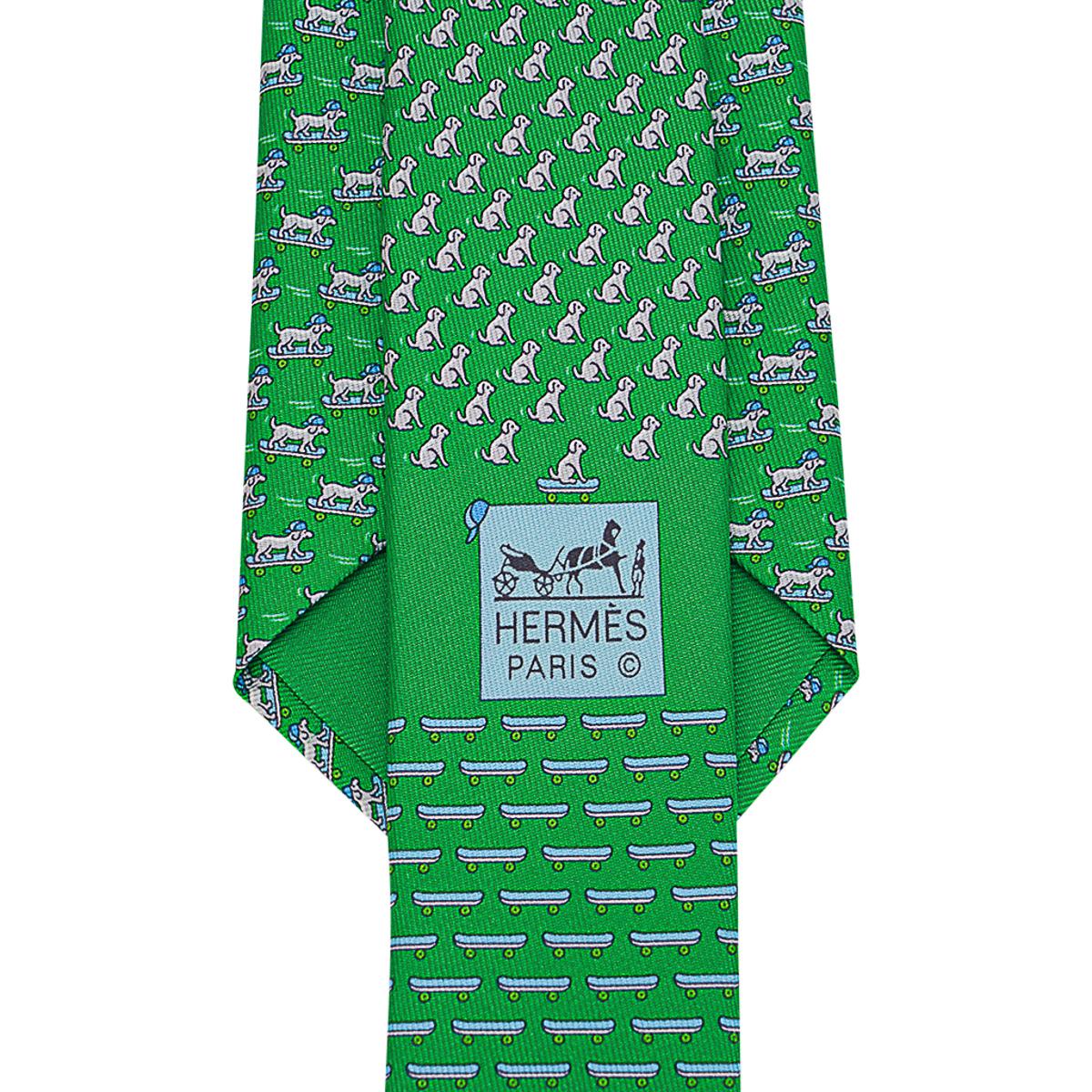 Hermes 7 Roller Dog Tie Vert et Gris Twillbi Silk 5