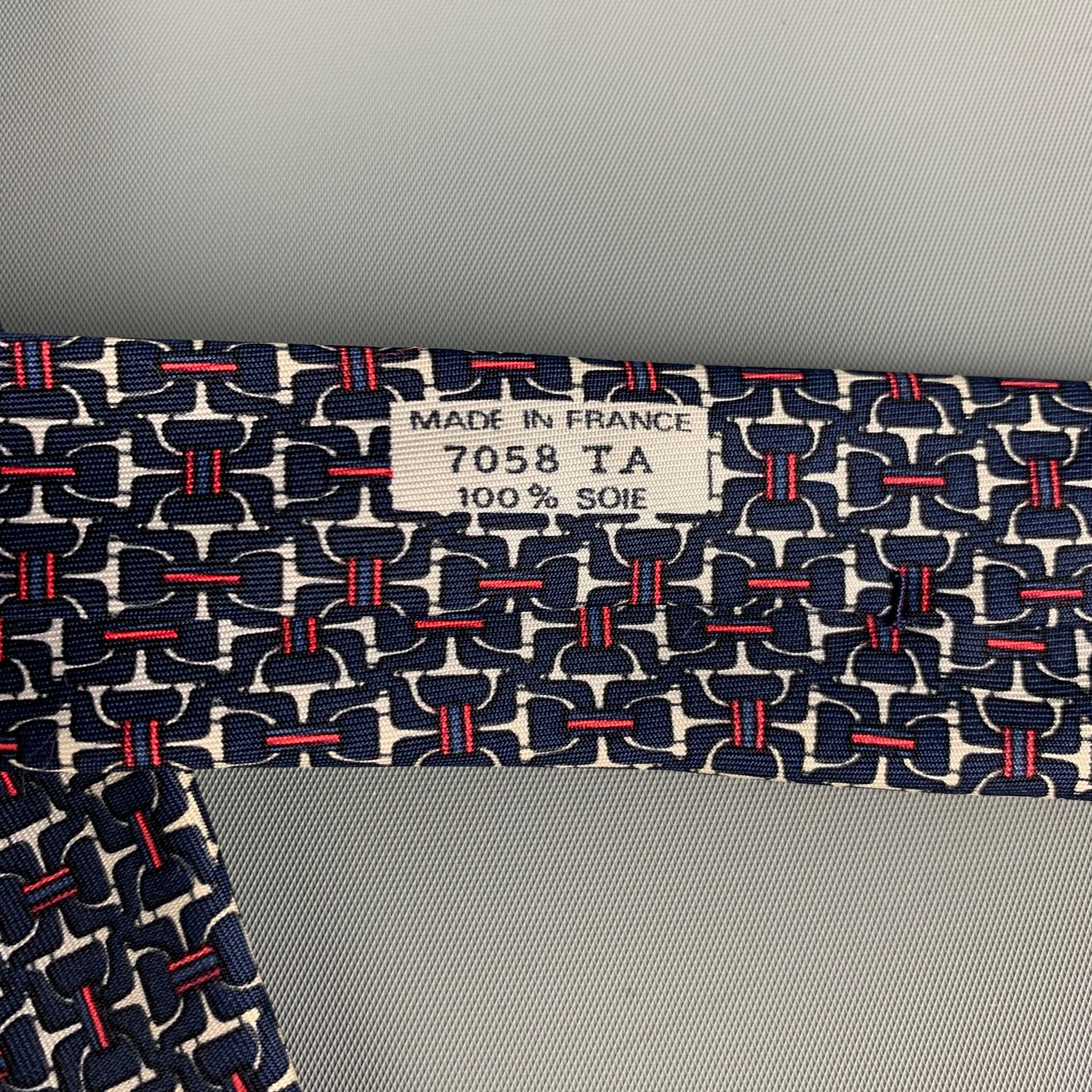 Black HERMES 7058 TA Navy Red White Equestrian Silk Tie