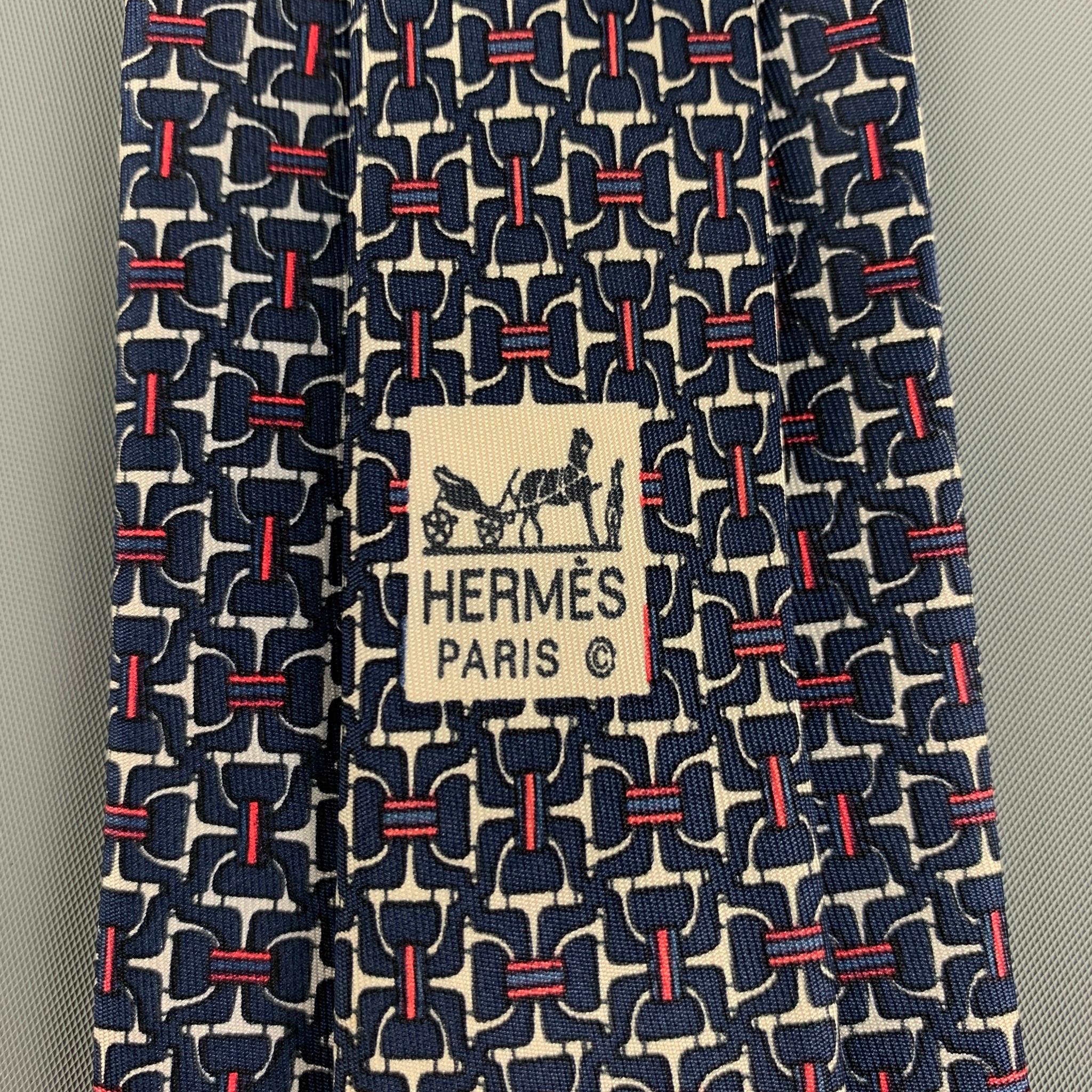HERMES 7058 TA Navy Red White Equestrian Silk Tie In Good Condition In San Francisco, CA