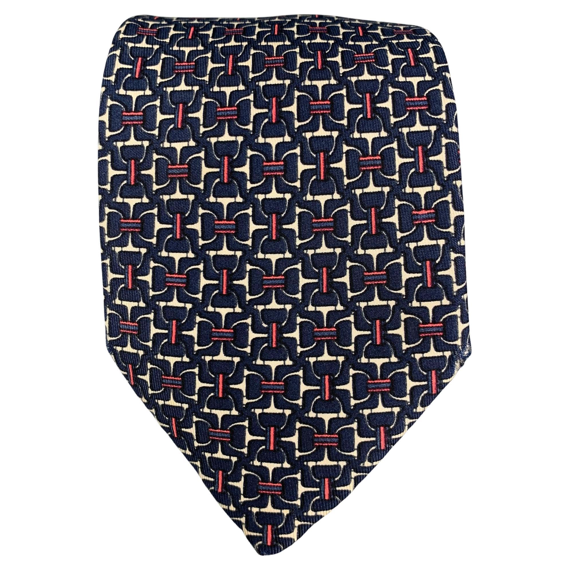 HERMES 7058 TA Navy Red White Equestrian Silk Tie