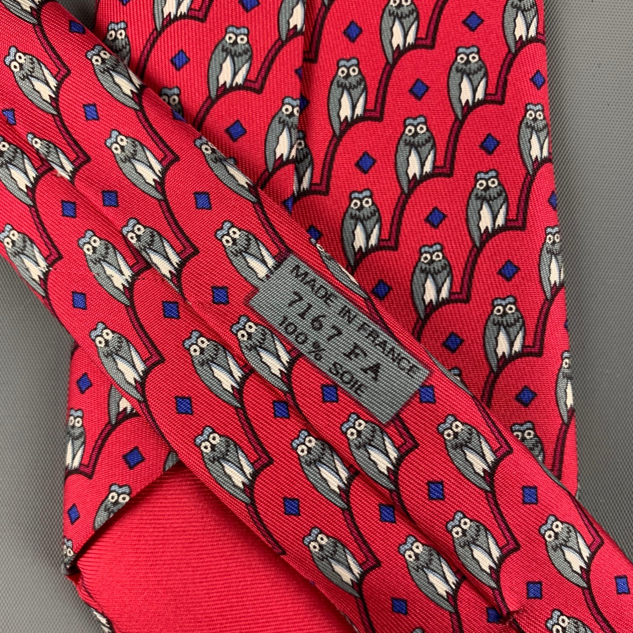 HERMES 7167 FA Red Grey Owl Print Silk Tie In Excellent Condition In San Francisco, CA