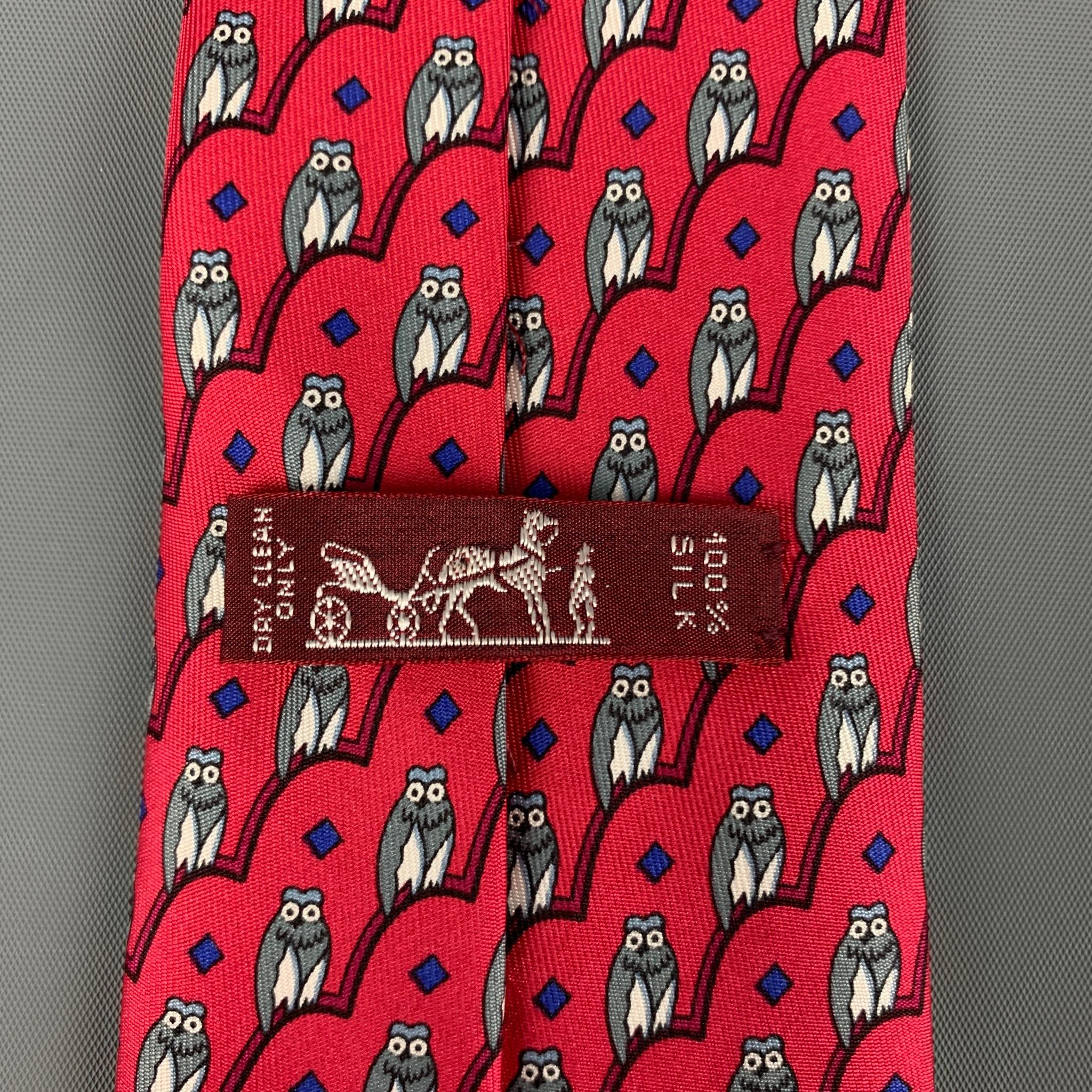 Men's HERMES 7167 FA Red Grey Owl Print Silk Tie