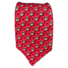 HERMES 7167 FA Red Grey Owl Print Silk Tie