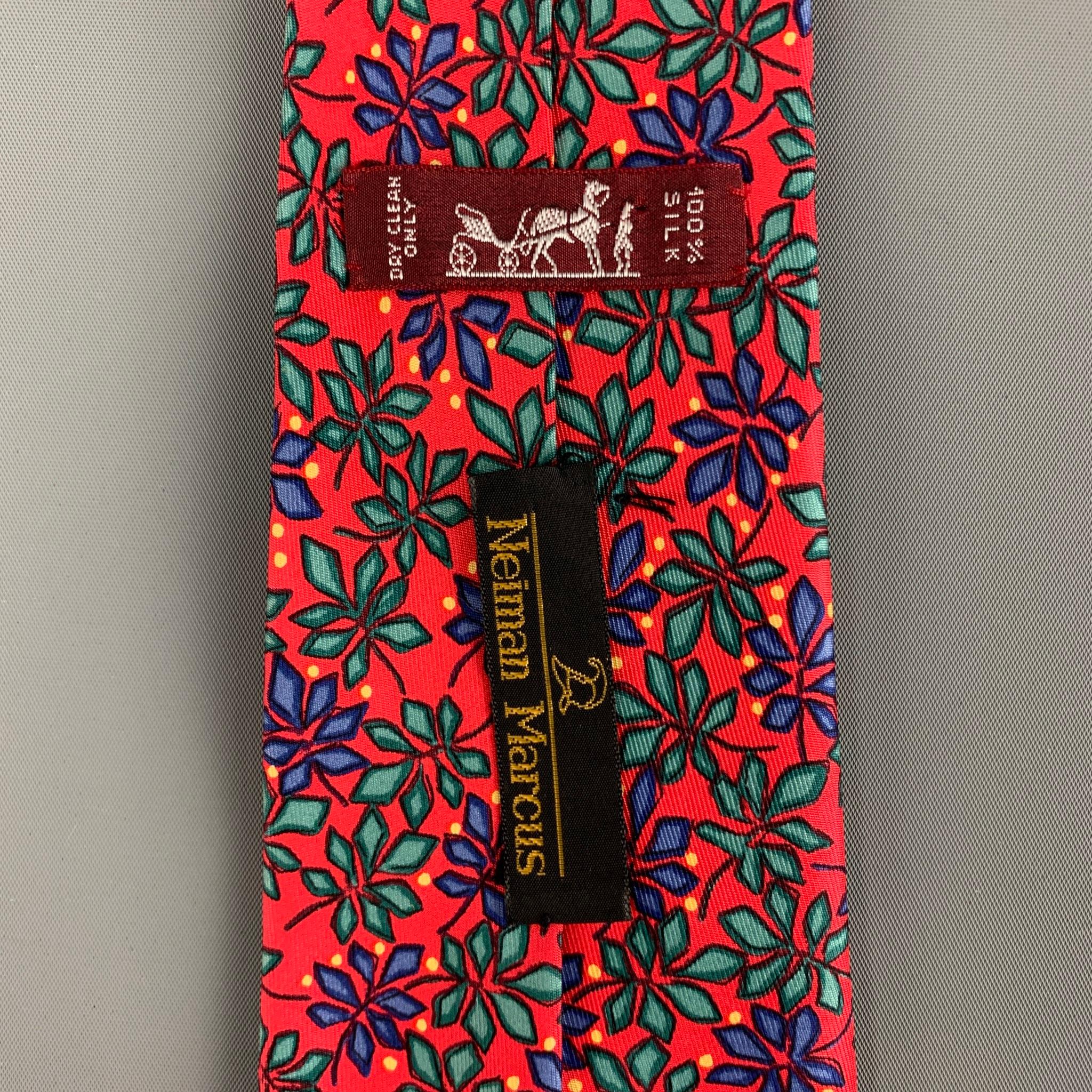 HERMES 7365 PA Red Multi-Color Poinsettias Print Silk Tie  1