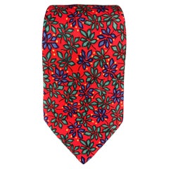 HERMES 7365 PA Red Multi-Color Poinsettias Print Silk Tie 