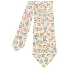 HERMES 7430 HA yellow red blue cherry basket print silk tie