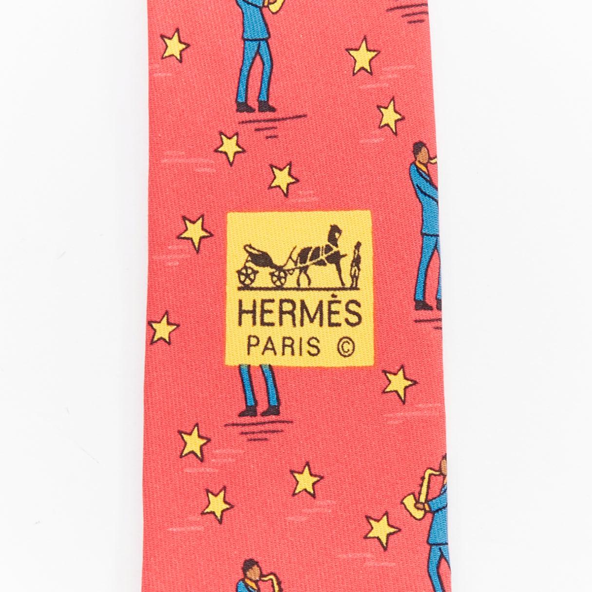 HERMES 7551 SA red yellow blue saxophone player star print silk tie In Excellent Condition For Sale In Hong Kong, NT