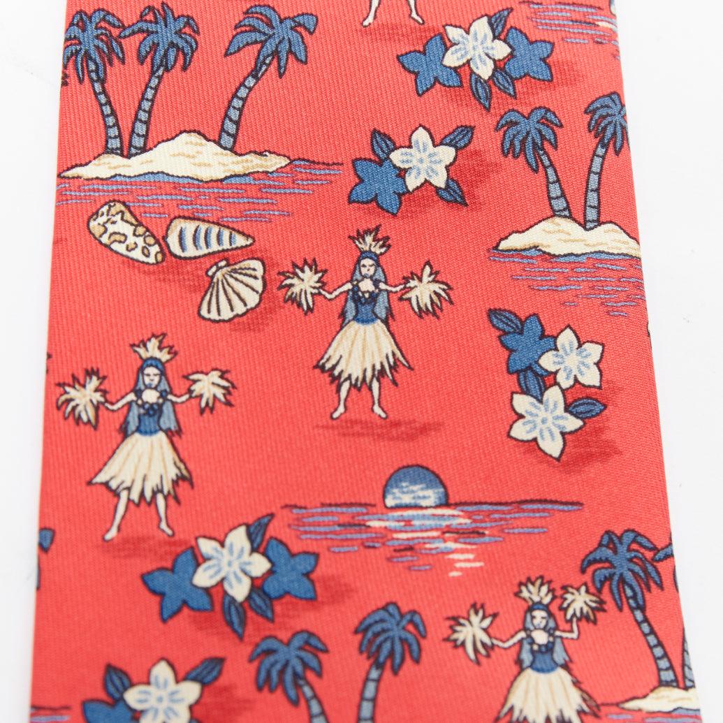 HERMES 7554 SA corbata de seda roja azul estampado fauna chica hula hawaiana Rosa en venta