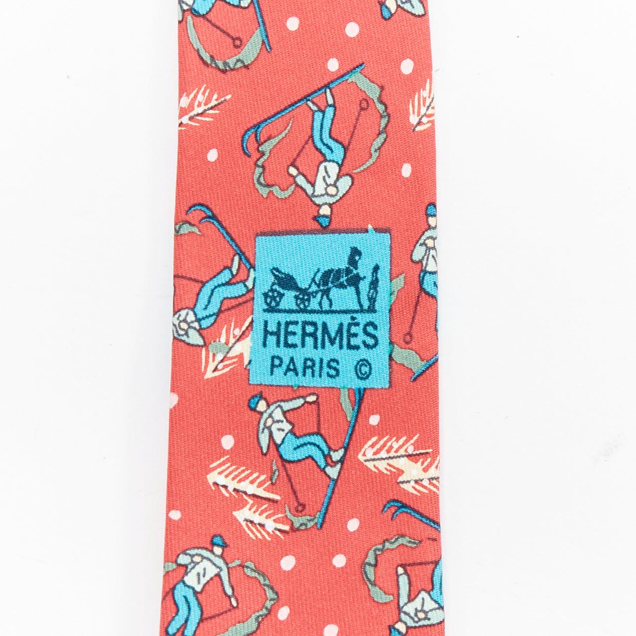 HERMES 7601 SA red blue blue skiier snow fall print silk tie In Excellent Condition For Sale In Hong Kong, NT