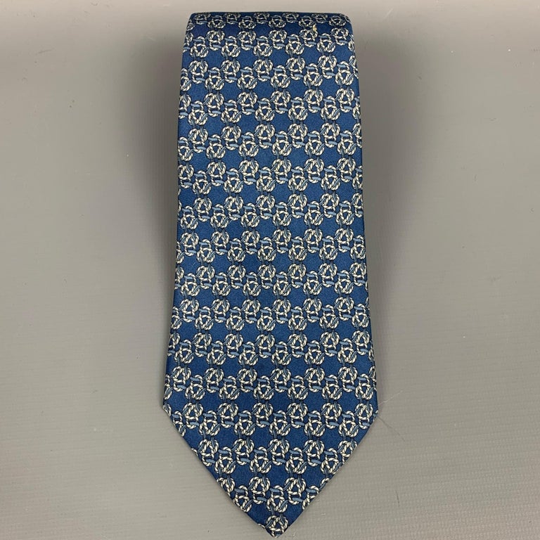 HERMES 792 MA Blue and Cream Knot Print Silk Tie at 1stDibs