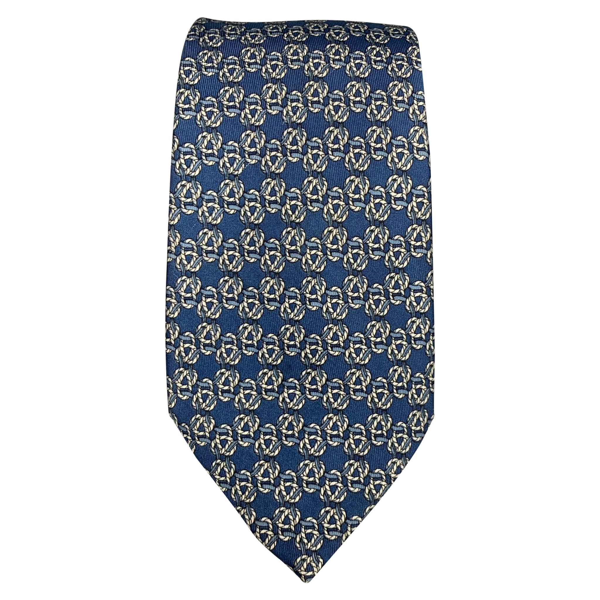 HERMES 792 MA Blue & Cream Knot Print Silk Tie