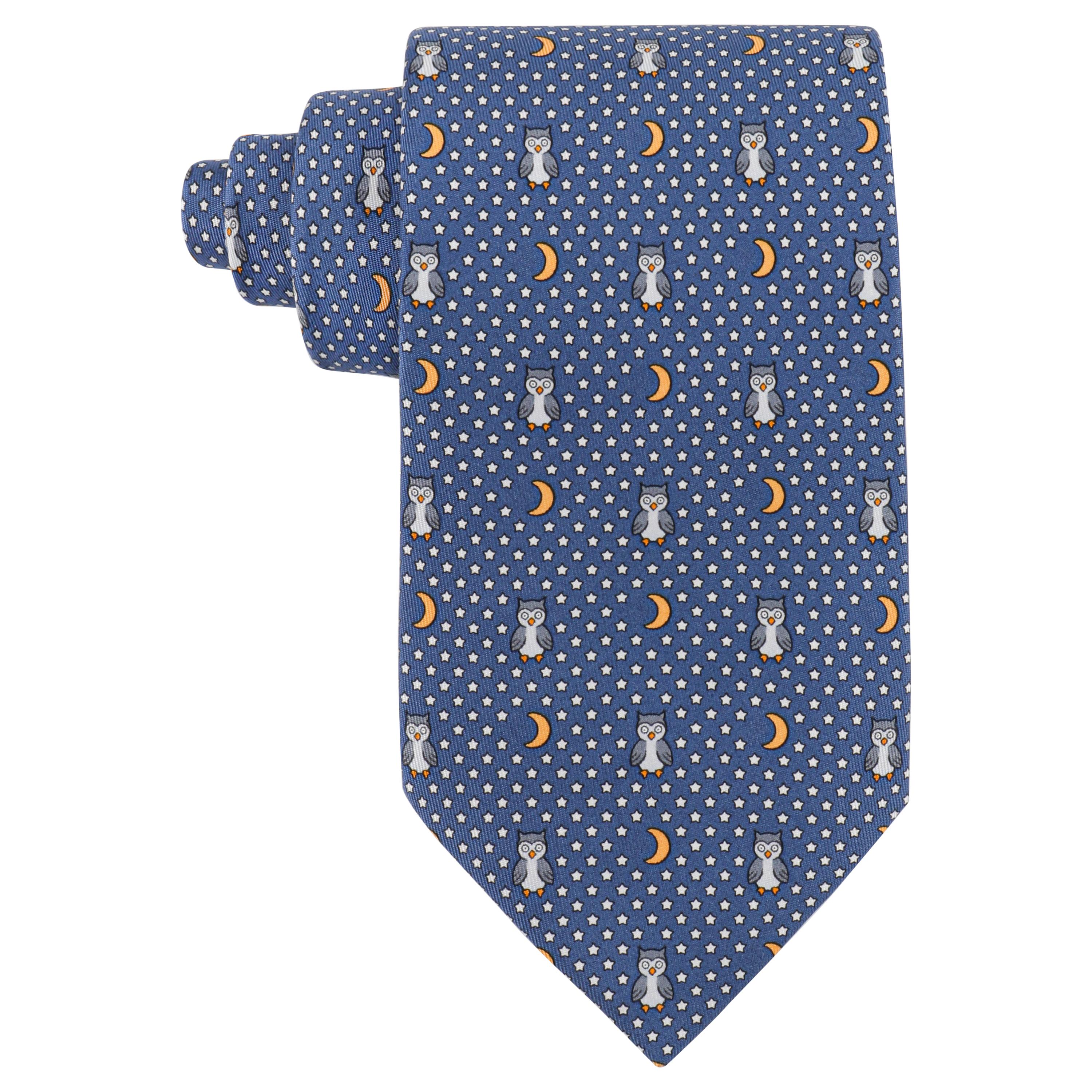 HERMES 7997 FA 5-Fold Blue White Yellow Night Owl Moon Star Print Silk Neck Tie