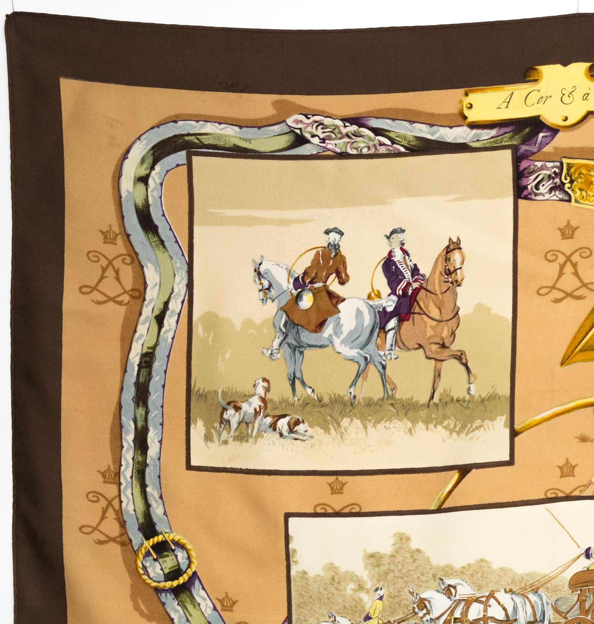 Brown Hermes A Cor et A Cri by Charles J. Hallo Silk Scarf
