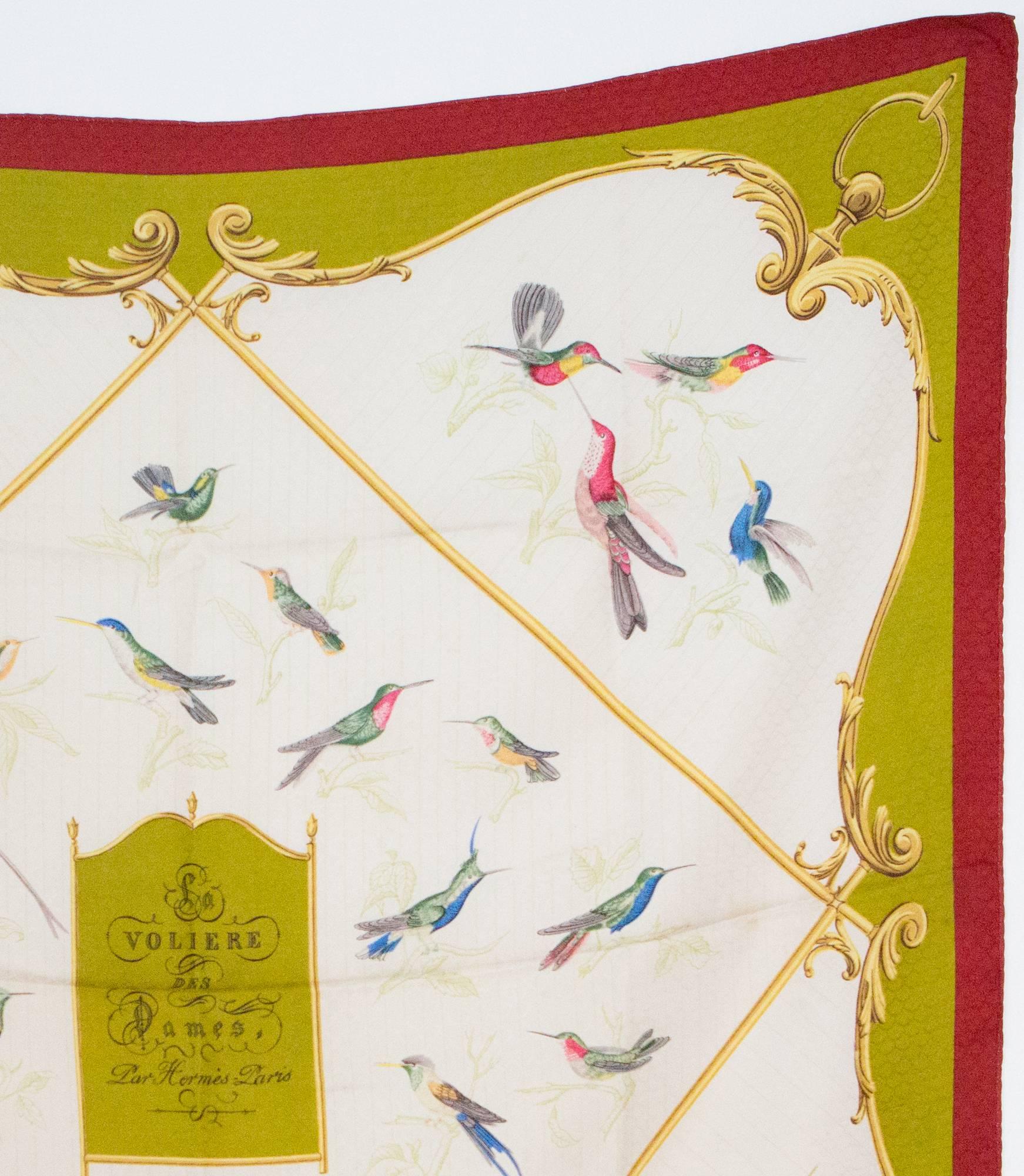 Beige Hermes A La volière Des Dames by Hugo Grygkar silk scarf