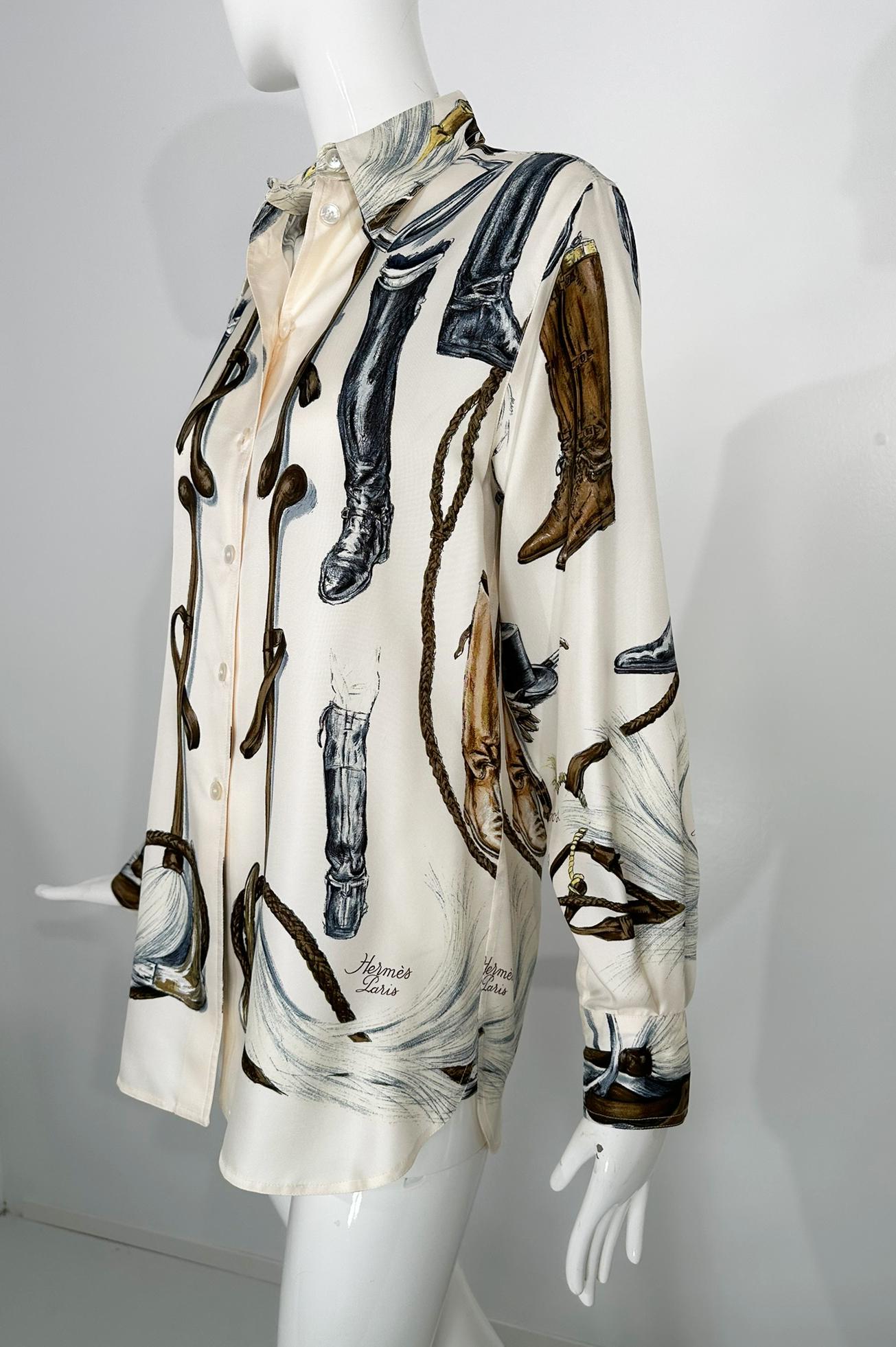 Hermes A Propos de Bottes By Xavier de Poret Creme bedruckte Seidenköperbluse im Angebot 6
