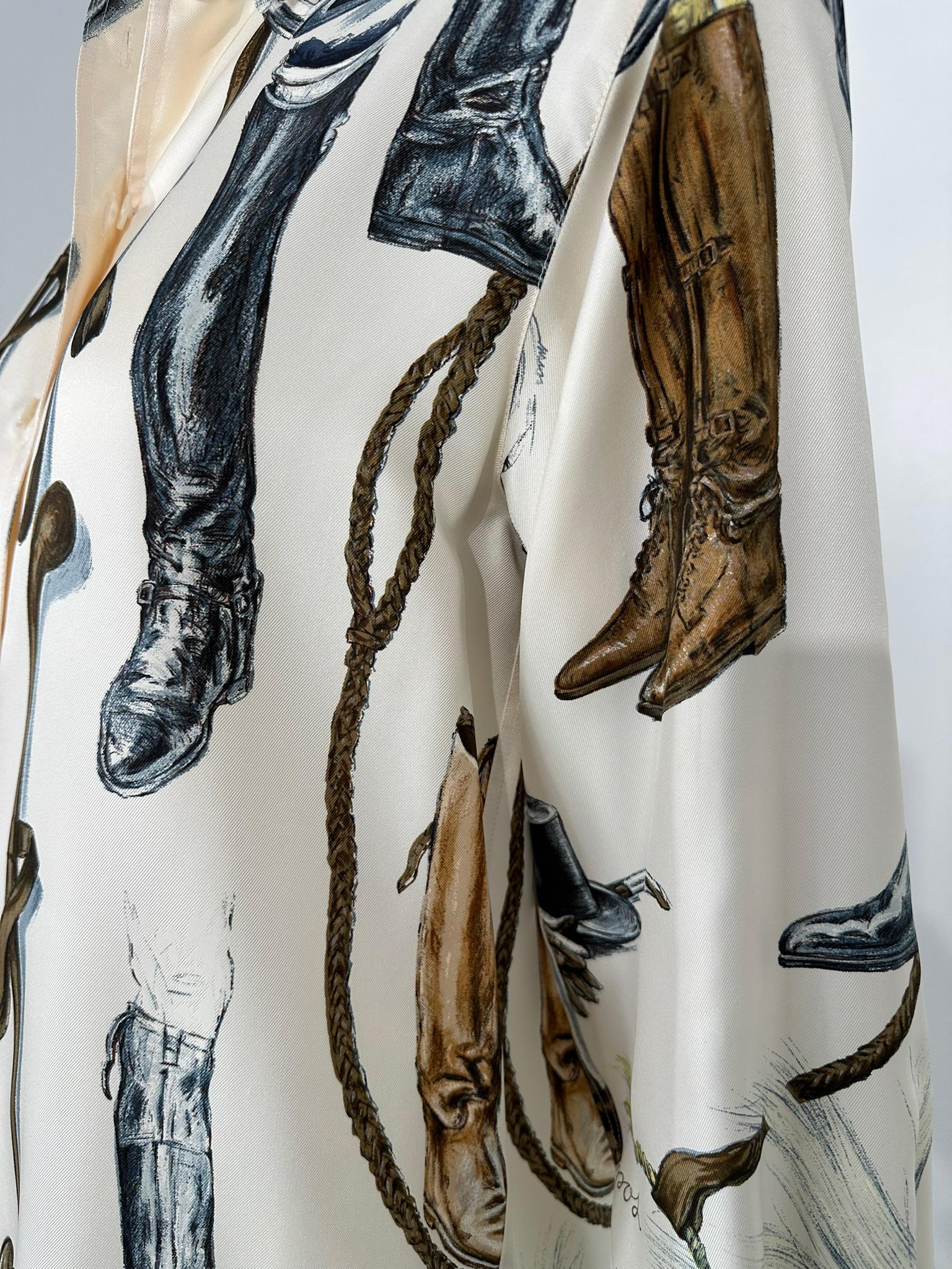 Hermes A Propos de Bottes By Xavier de Poret Creme bedruckte Seidenköperbluse im Angebot 11