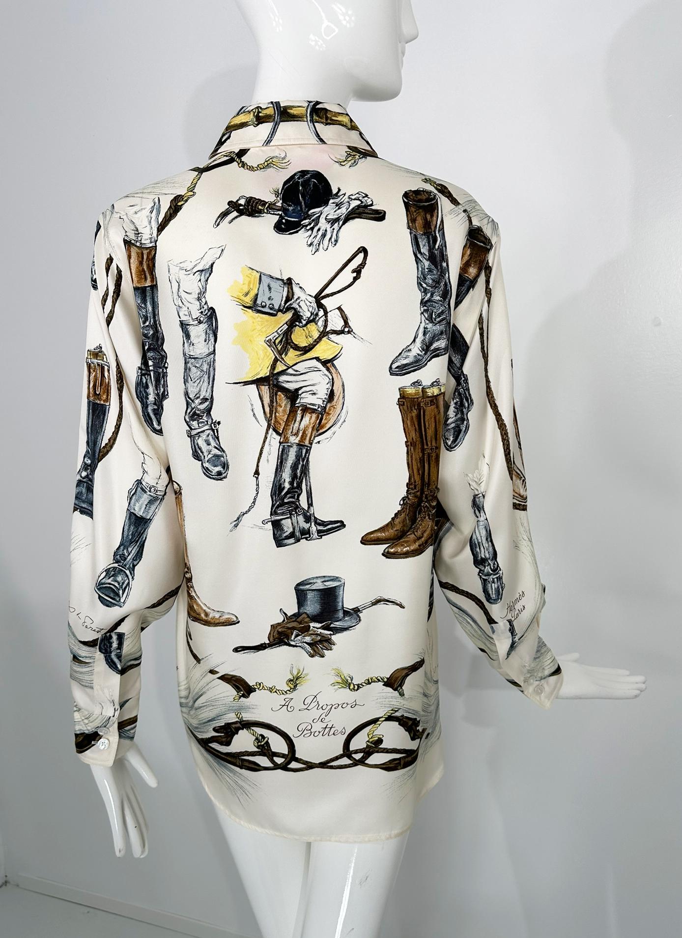 Hermes A Propos de Bottes By Xavier de Poret Creme bedruckte Seidenköperbluse im Angebot 14