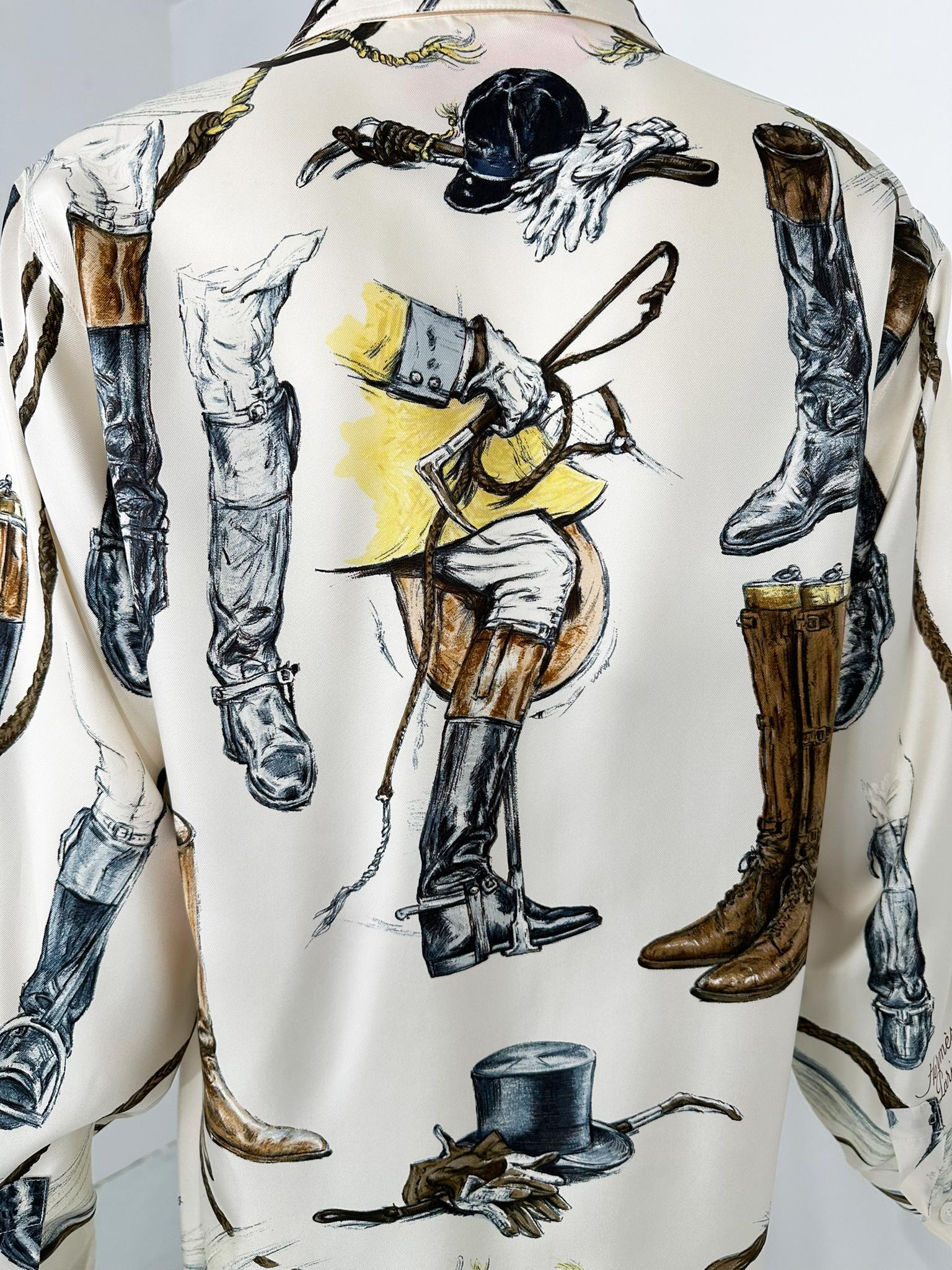 Hermes A Propos de Bottes By Xavier de Poret Creme bedruckte Seidenköperbluse im Angebot 3
