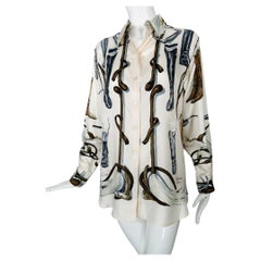 Hermes A Propos de Bottes By Xavier de Poret Cream Printed Silk Twill Blouse