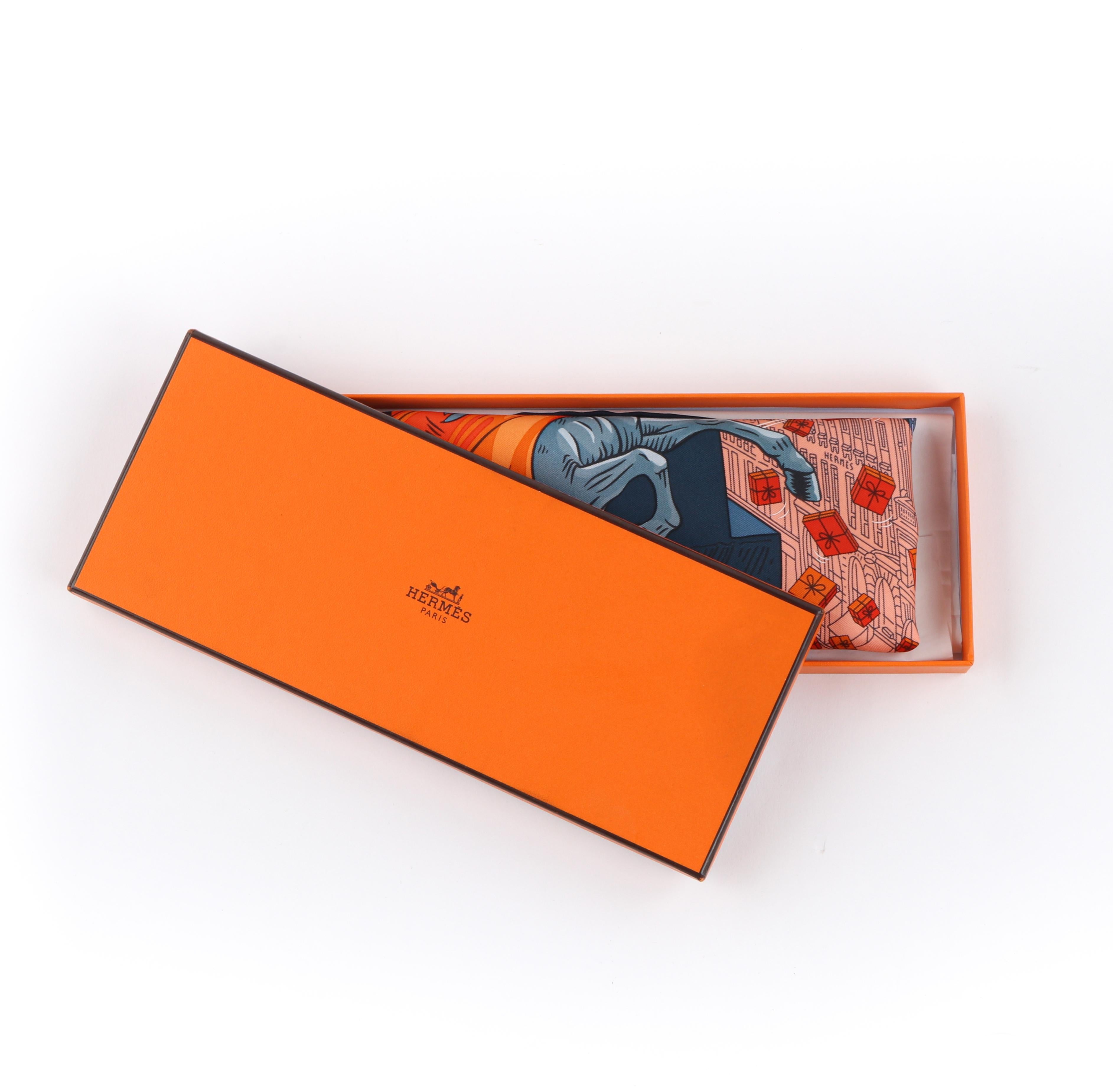 HERMES A/W 2017 Dimitri Rybaltchenko “Space Shopping Au Faubourg” Scarf w/Box
 
Brand/Manufacturer: Hermes
Collection: A/W 2017  
Designer: Dimitri Rybaltchenko 
Style: Square scarf
Color(s): Shades of blue, orange, black, white
Lined: No
Marked