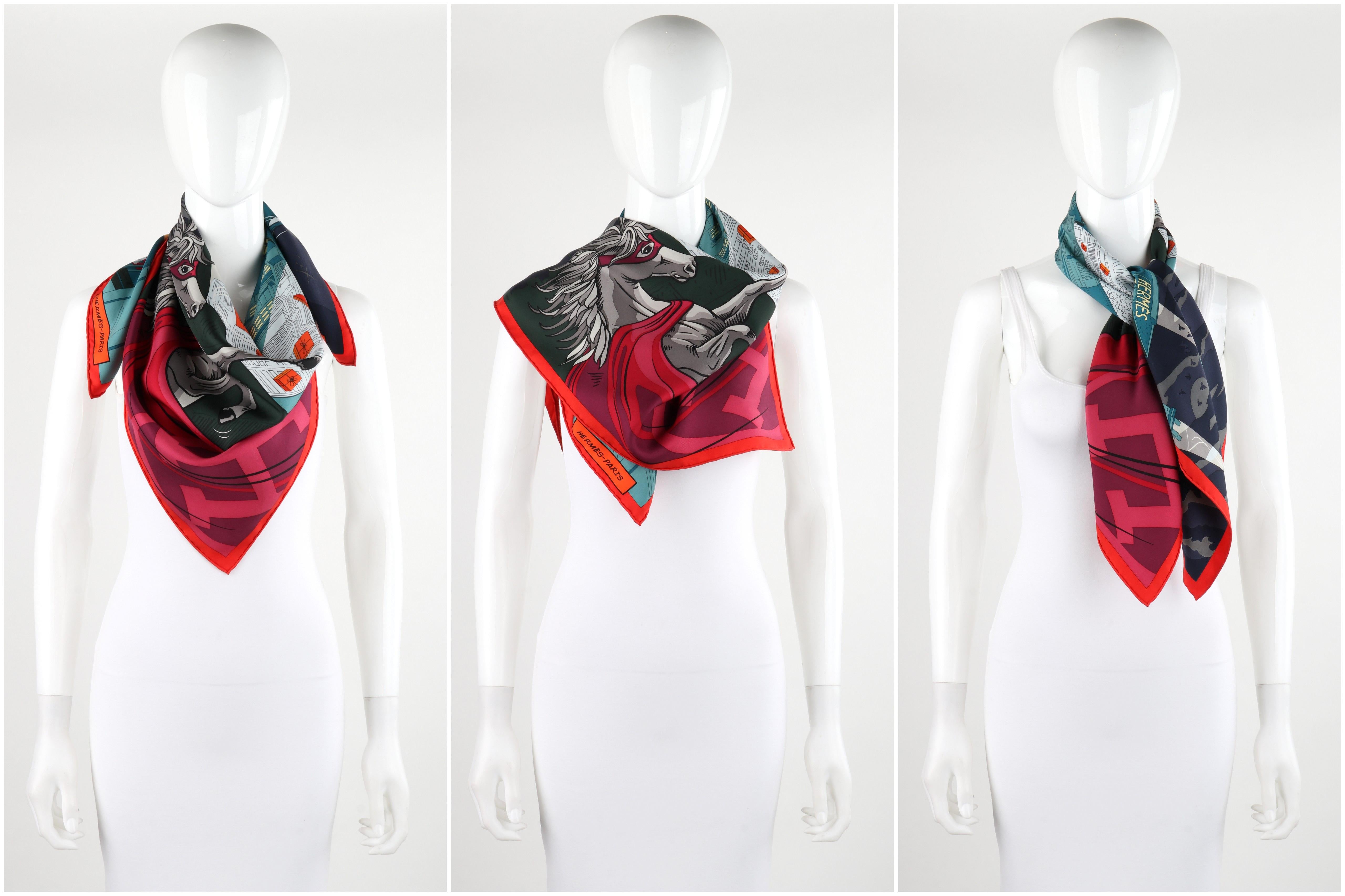 HERMES A/W 2017 Dimitri Rybaltchenko “Space Shopping Au Faubourg” Silk Scarf 
 
Brand/Manufacturer: Hermes
Collection: A/W 2017  
Designer: Dimitri Rybaltchenko 
Style: Square scarf
Color(s): Shades of blue, orange, red, magenta, burgundy, black,