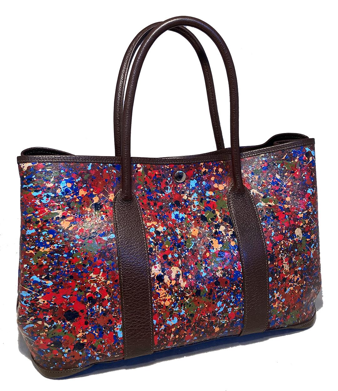 Black Hermes Pointillism Hand Painted Garden Party 35 Tote For Sale