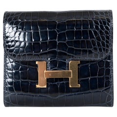 HERMES Abysse blue crocodile CONSTANCE COMPACT Wallet RGhw