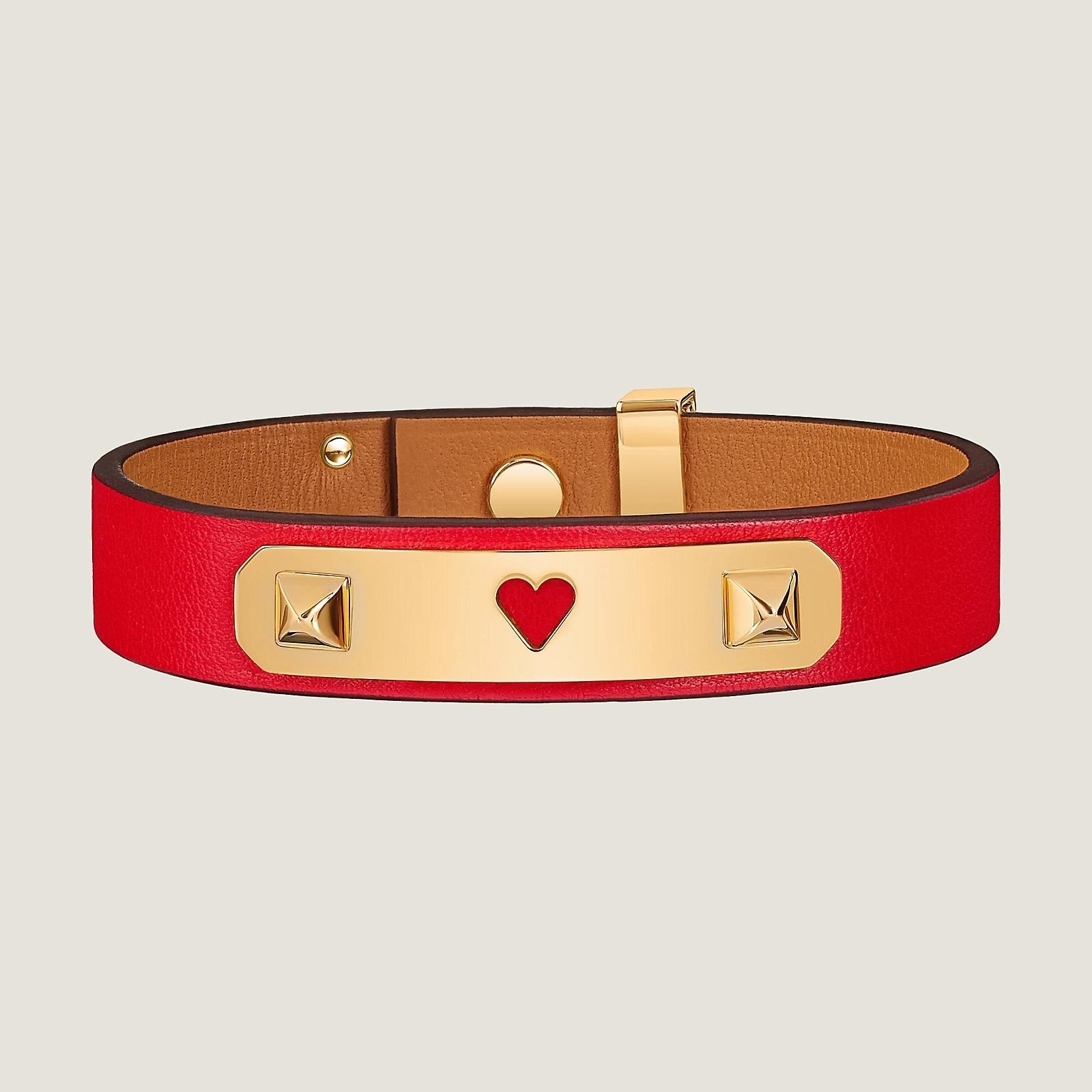  Hermès - Bracelet en cuir de veau Swift rouge à cœurs, taille T2 15,5 cm Pour femmes 