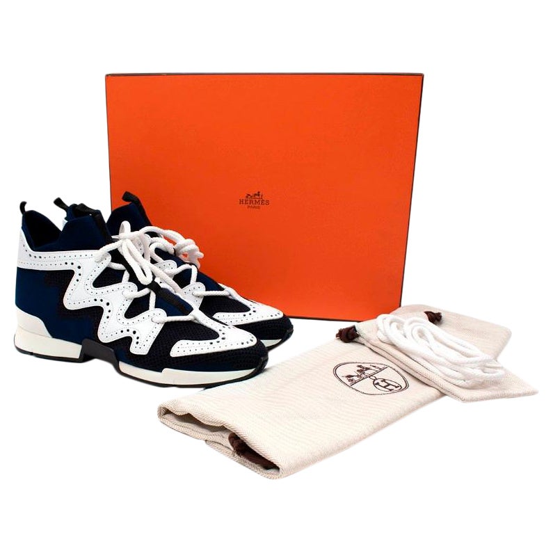 Hermes Action Tricolour Blue Mesh 
Leather Sneakers en vente
