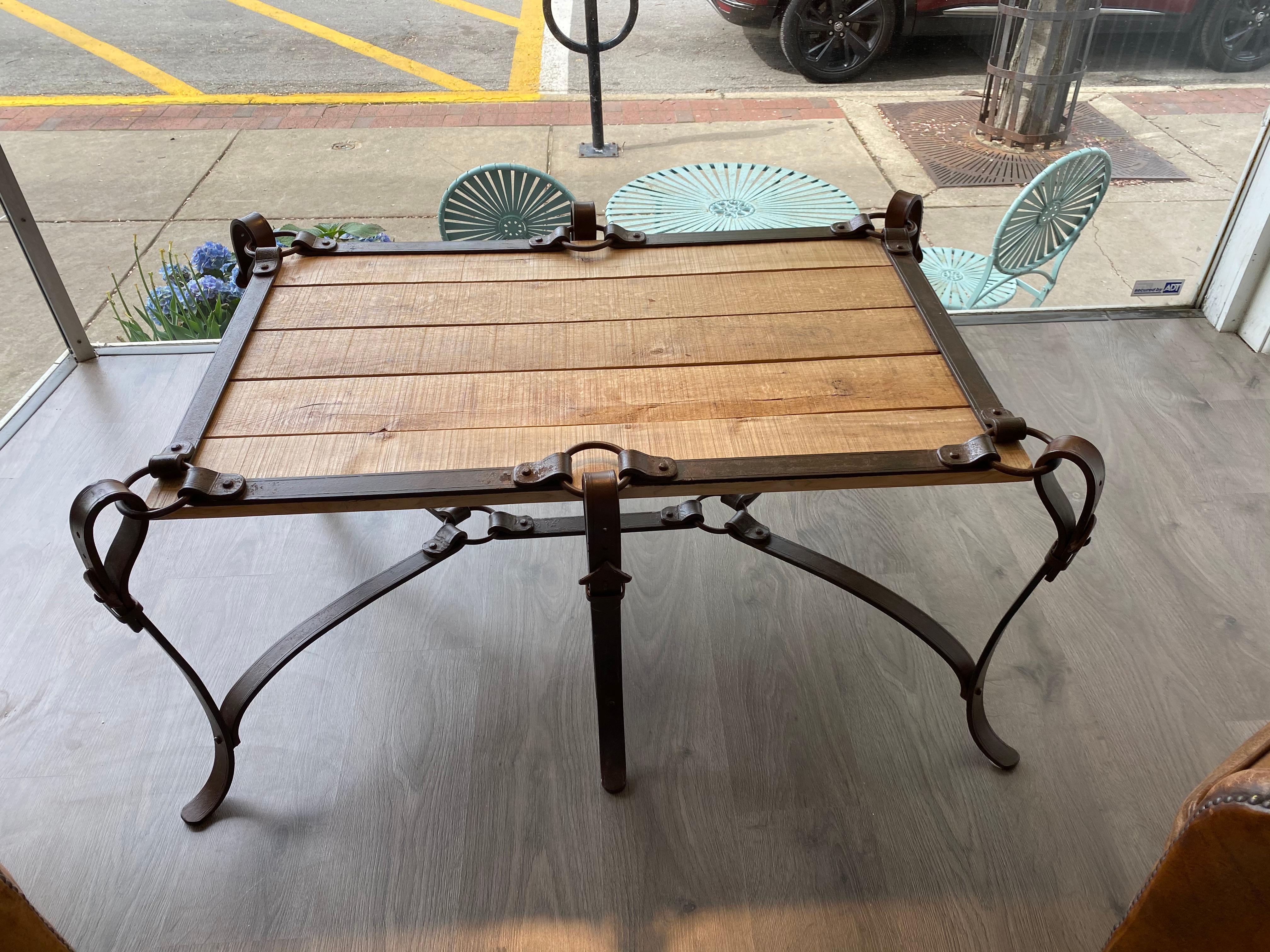 Adirondack Hermes/Adnet Inspired Iron Belt Cocktail Table, Iron Base, Wood Top, Great Style For Sale